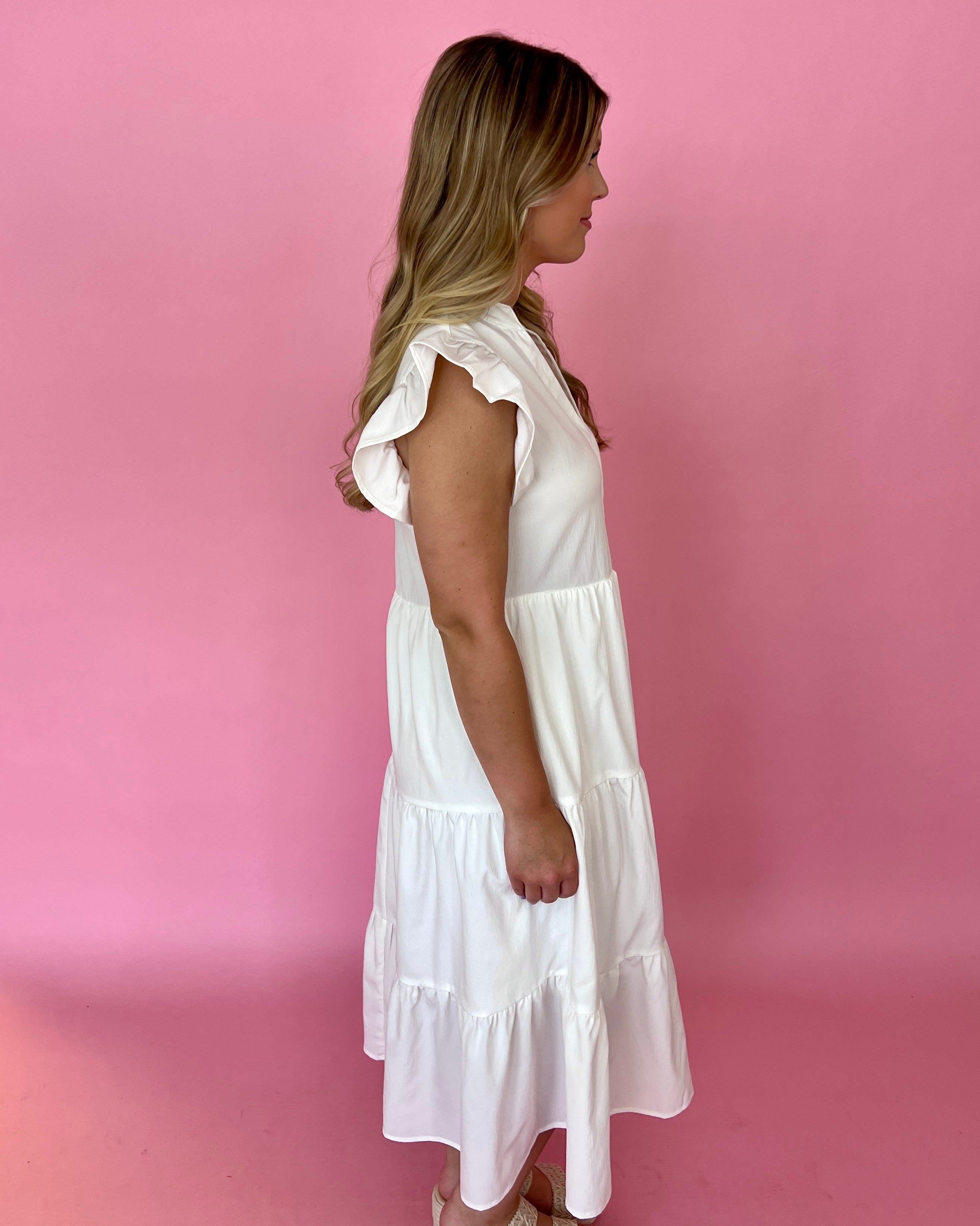Going Places Off White Ruffle Tiered Split Neck Maxi Dress-Shop-Womens-Boutique-Clothing
