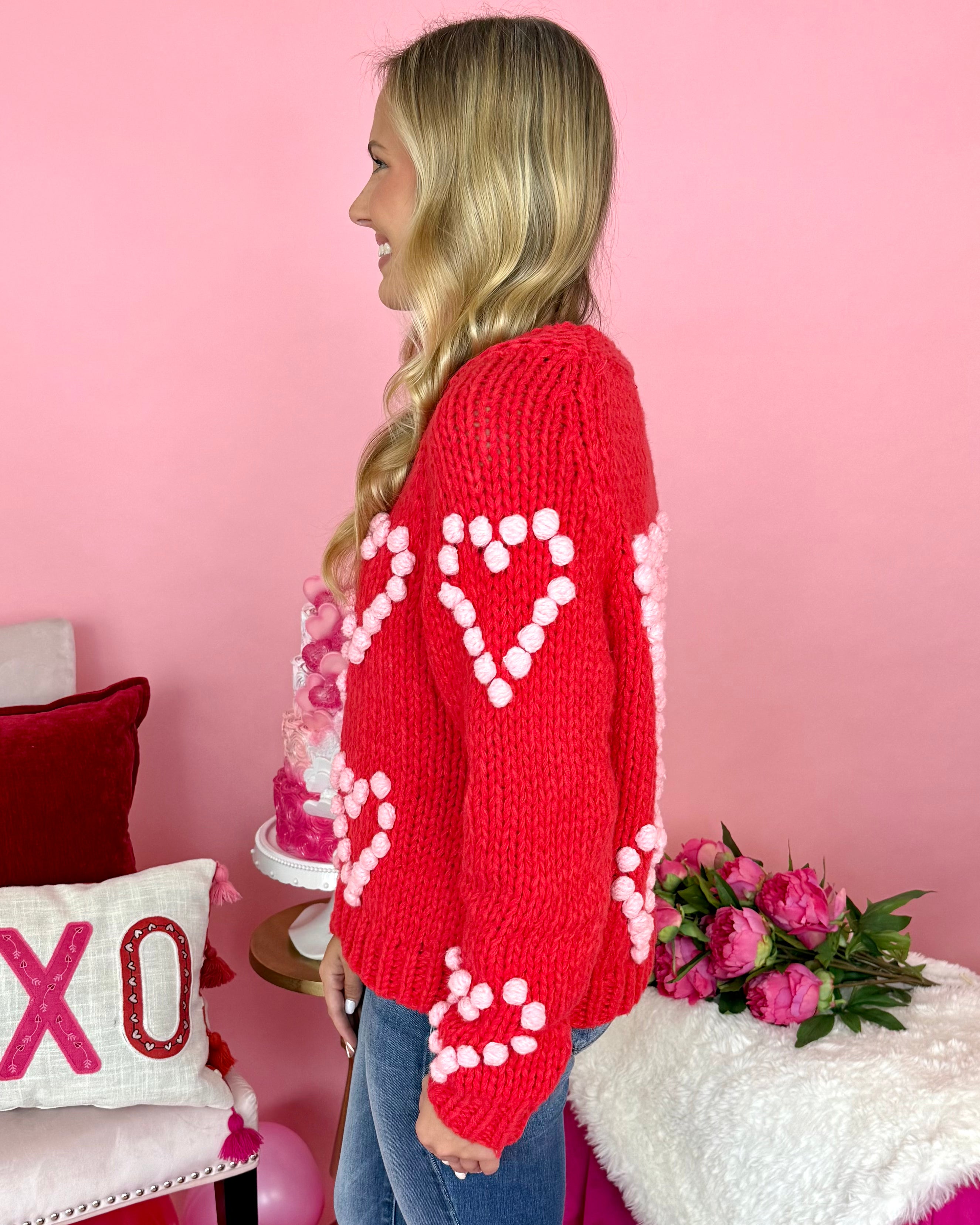 Bold Love Red/Blush Pom Sweater-Shop-Womens-Boutique-Clothing