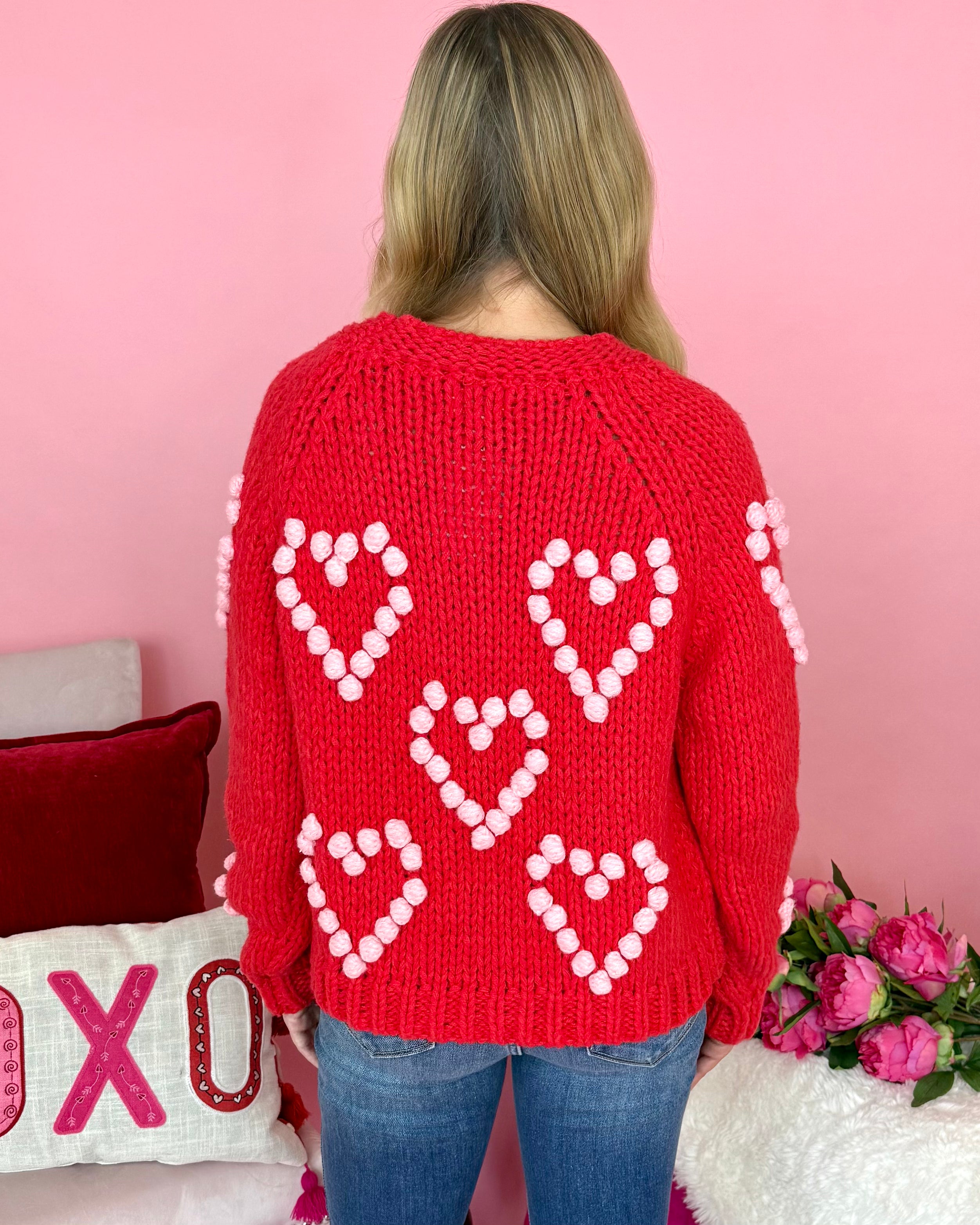 Bold Love Red/Blush Pom Sweater-Shop-Womens-Boutique-Clothing