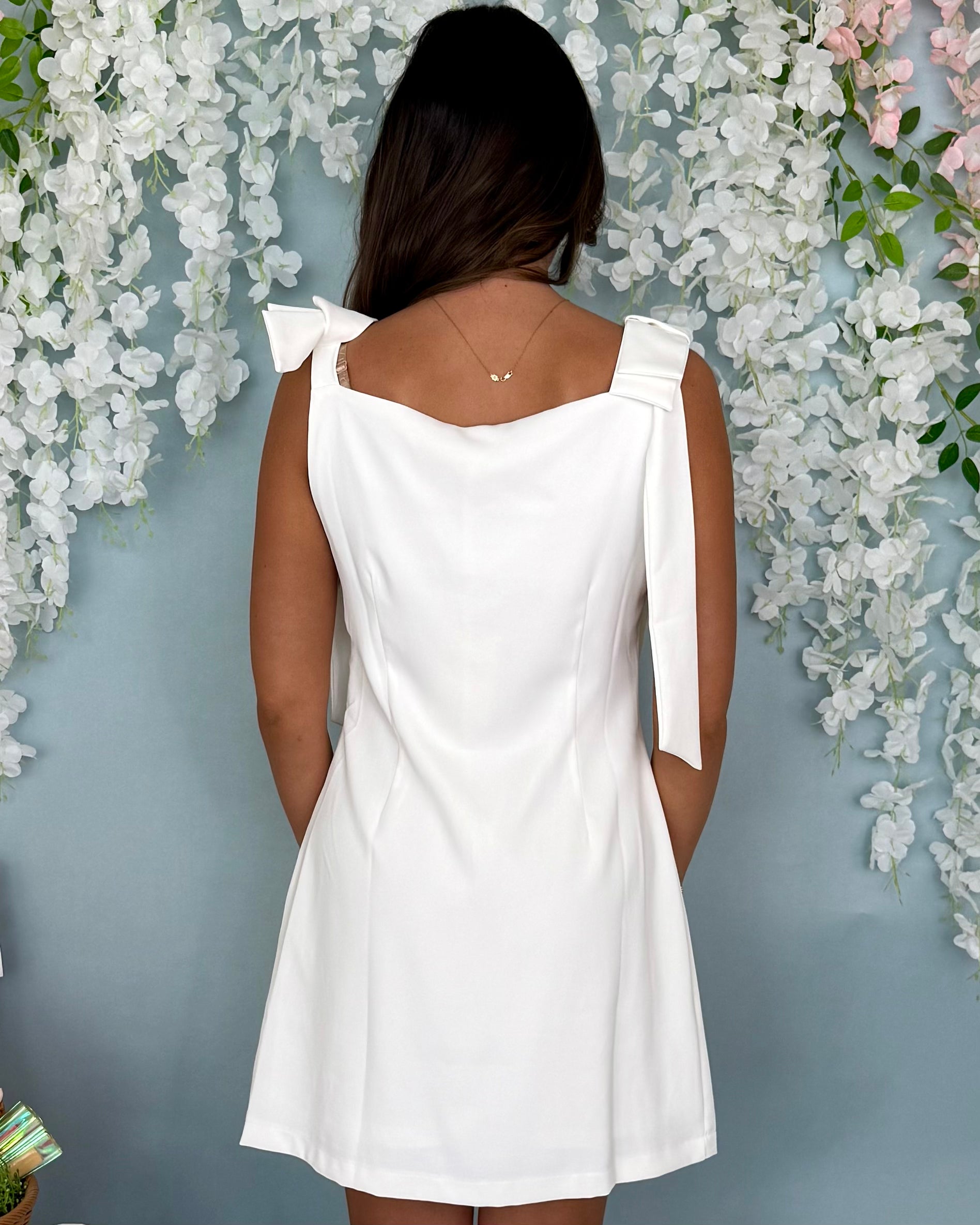 Pull Through Off White Bow Shoulder Dress-Shop-Womens-Boutique-Clothing