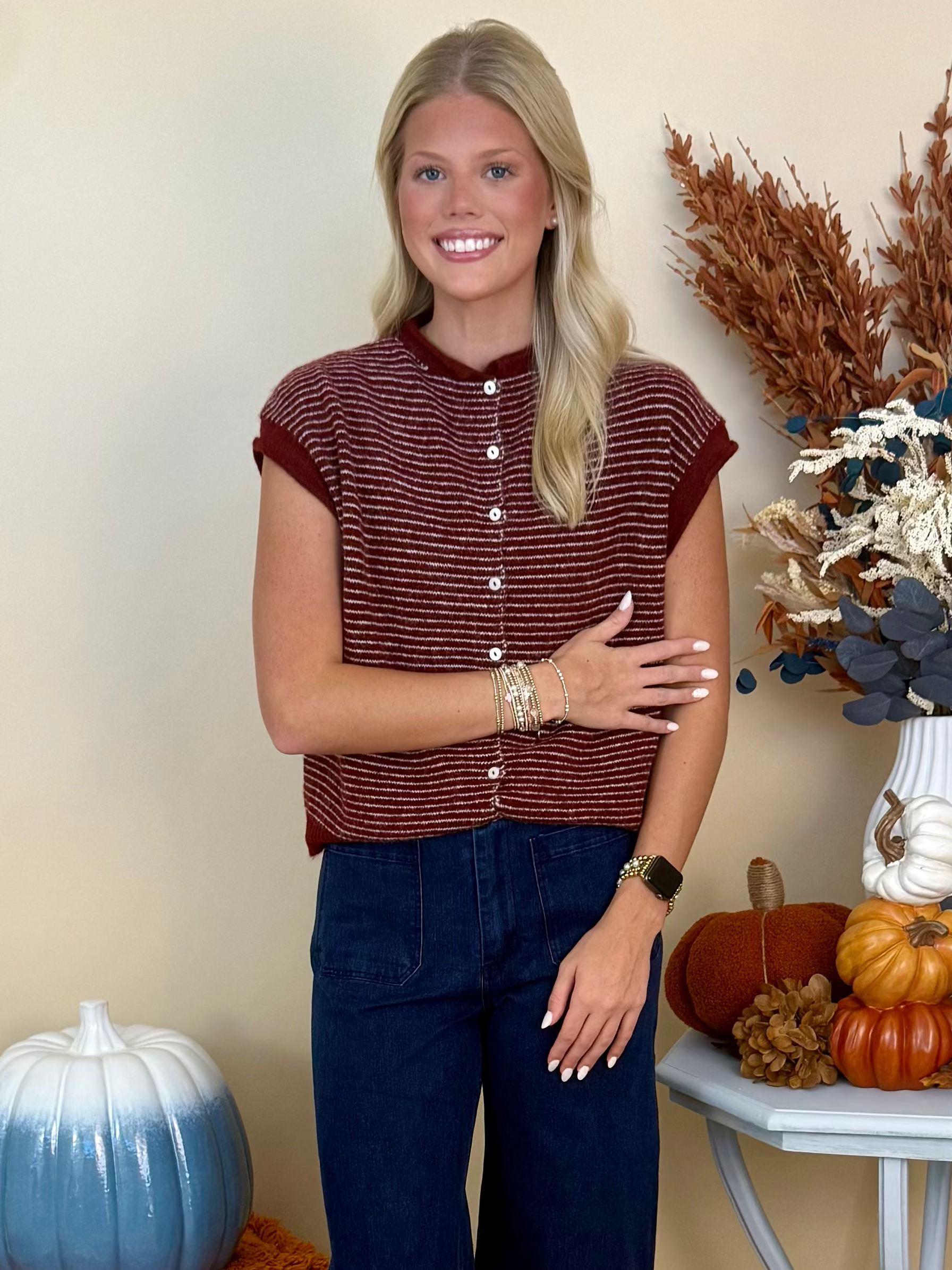 At the Ready Wine Pinstripe Cap Sleeve Sweater Vest-Shop-Womens-Boutique-Clothing
