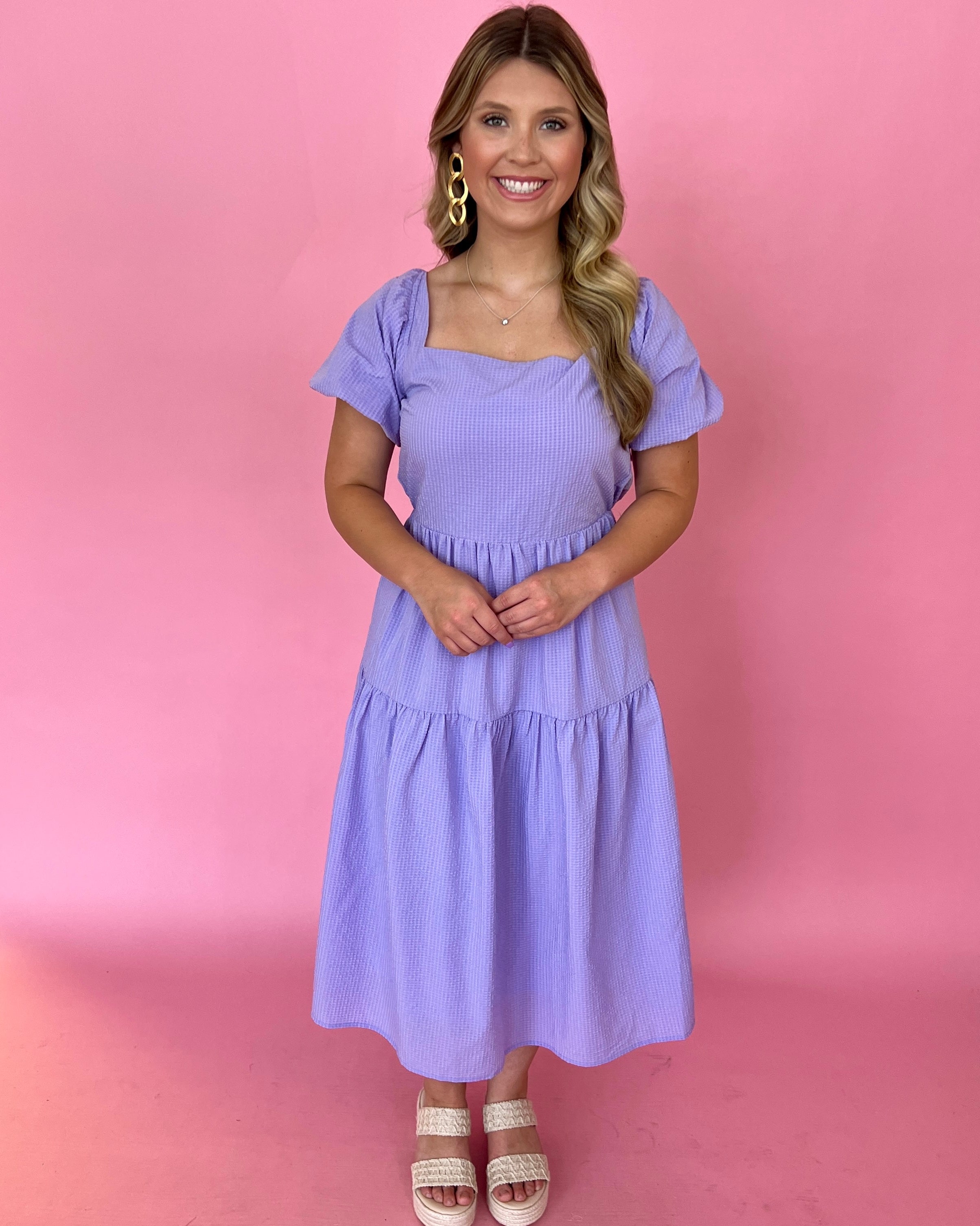 Top Rank Lavender Square Neck Puff Sleeve Midi Dress-Shop-Womens-Boutique-Clothing