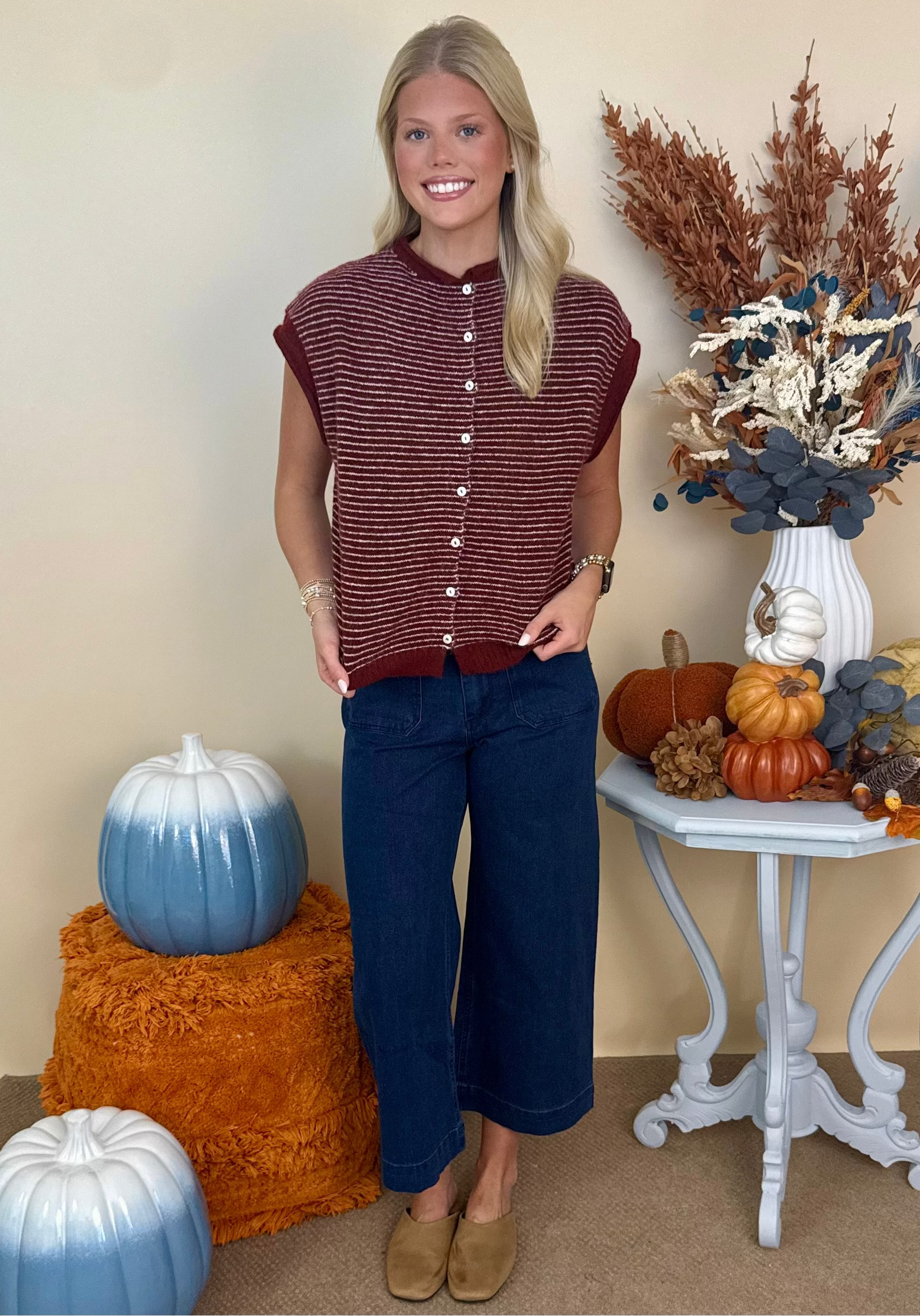 At the Ready Wine Pinstripe Cap Sleeve Sweater Vest-Shop-Womens-Boutique-Clothing