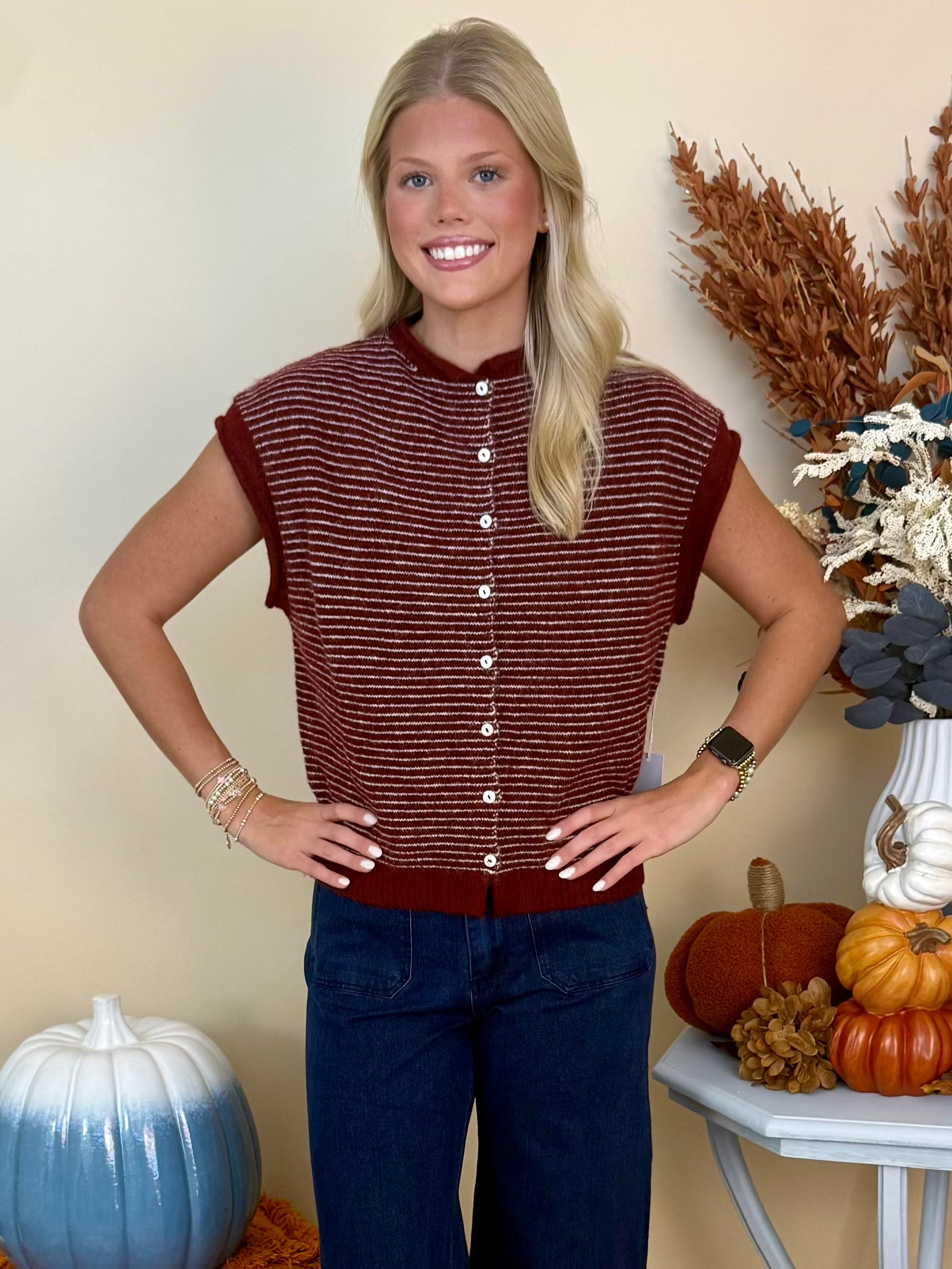 At the Ready Wine Pinstripe Cap Sleeve Sweater Vest-Shop-Womens-Boutique-Clothing