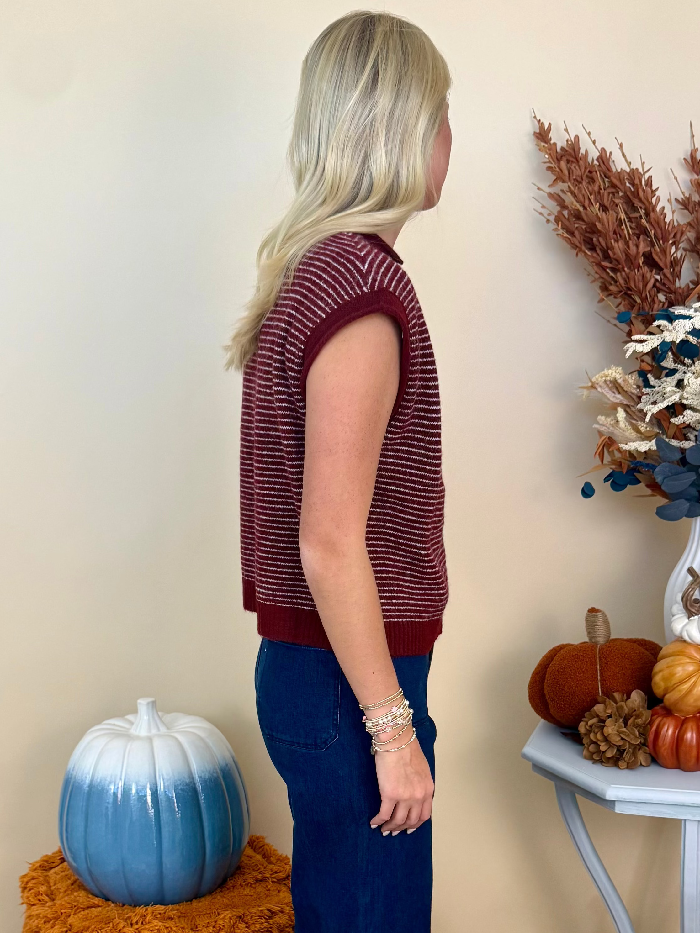 At the Ready Wine Pinstripe Cap Sleeve Sweater Vest-Shop-Womens-Boutique-Clothing