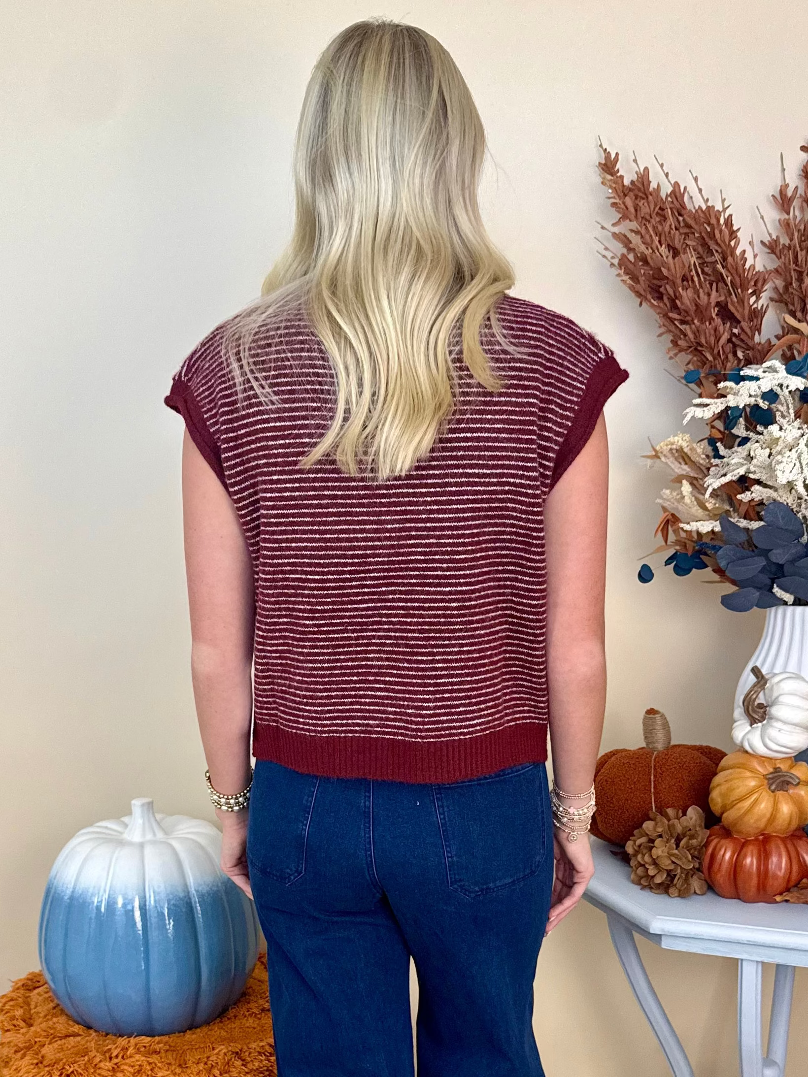 At the Ready Wine Pinstripe Cap Sleeve Sweater Vest-Shop-Womens-Boutique-Clothing