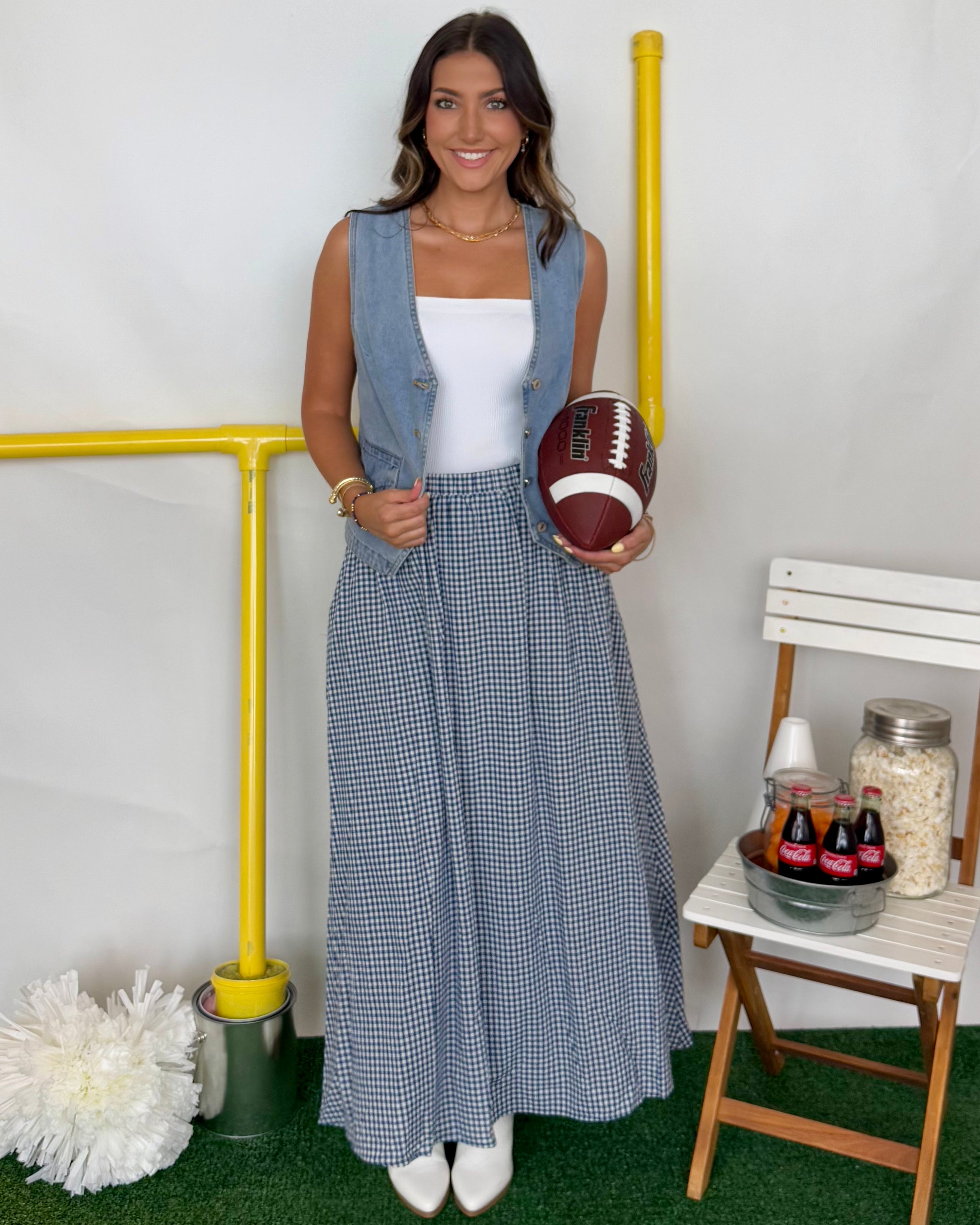 Classic Touch Navy Gingham Maxi Skirt-Shop-Womens-Boutique-Clothing