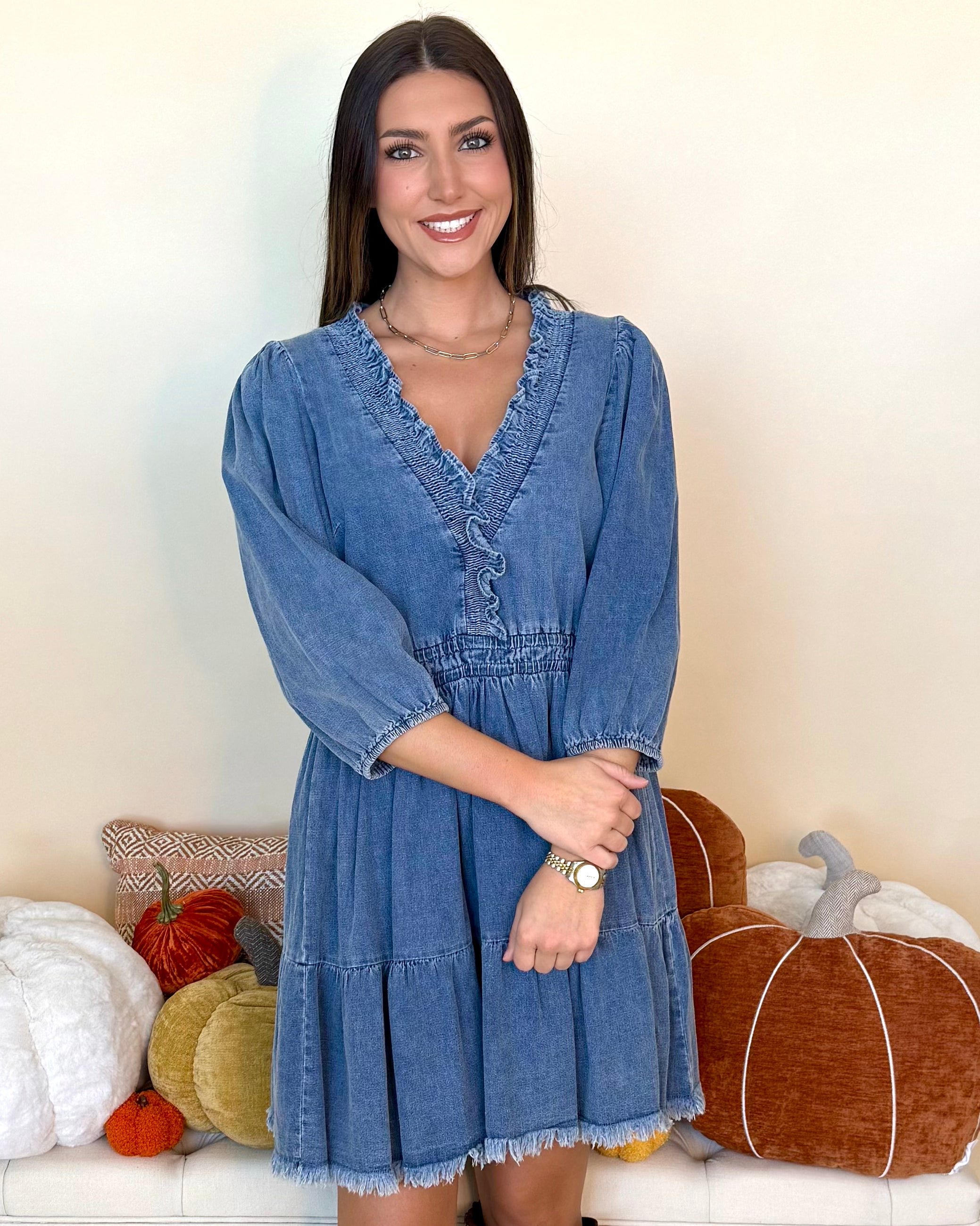 Outta Sight Lt Denim Ruffle Trim Dress-Shop-Womens-Boutique-Clothing