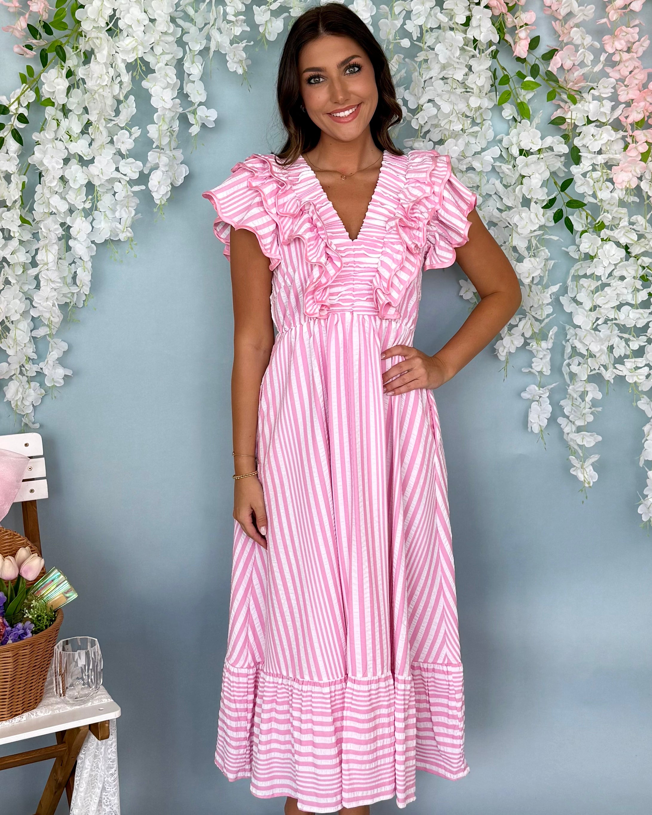 Open Love Pink Seersucker V-neck Dress-Shop-Womens-Boutique-Clothing