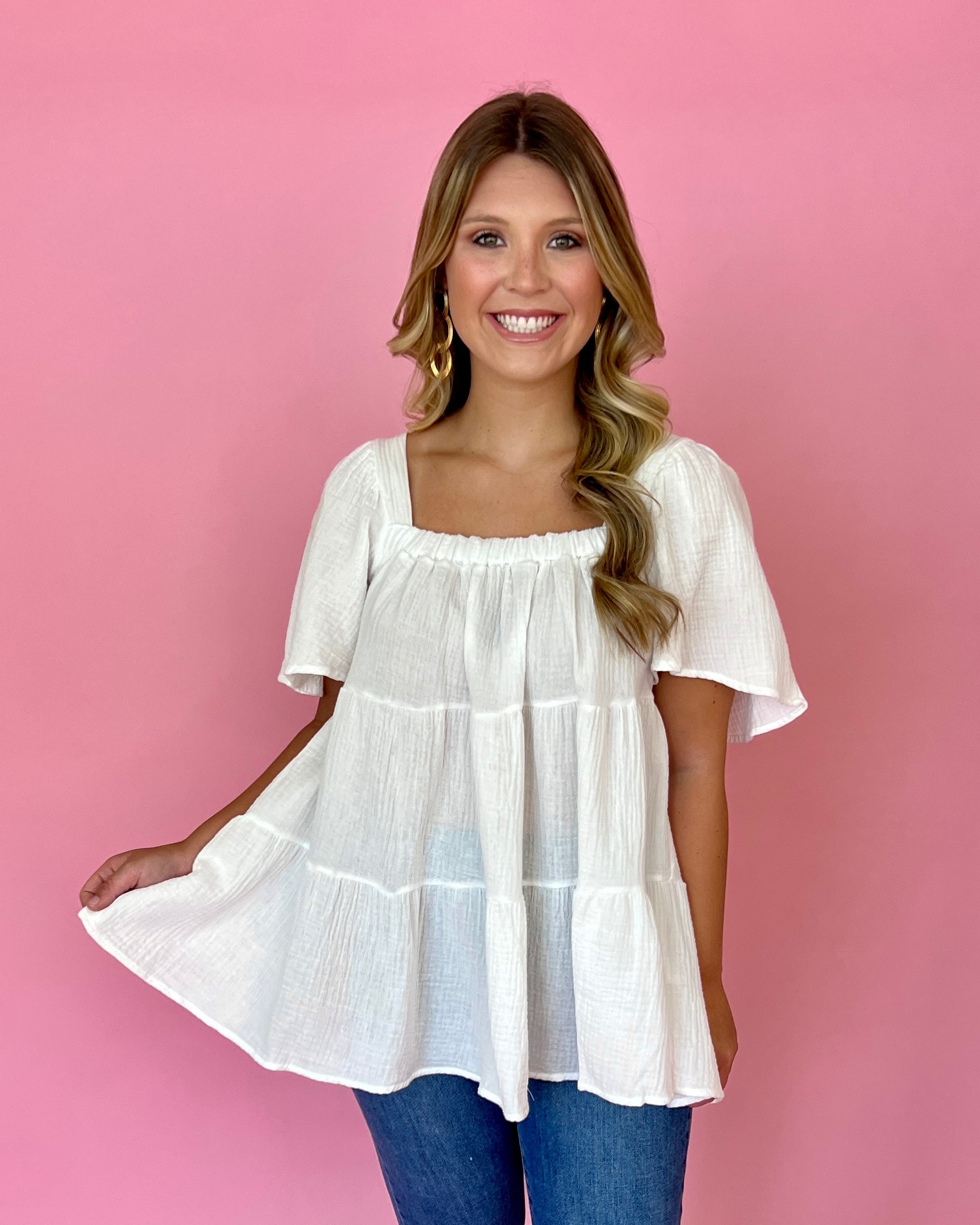 Perfect Kiss Off White Gauze Tiered Square Neck Top-Shop-Womens-Boutique-Clothing