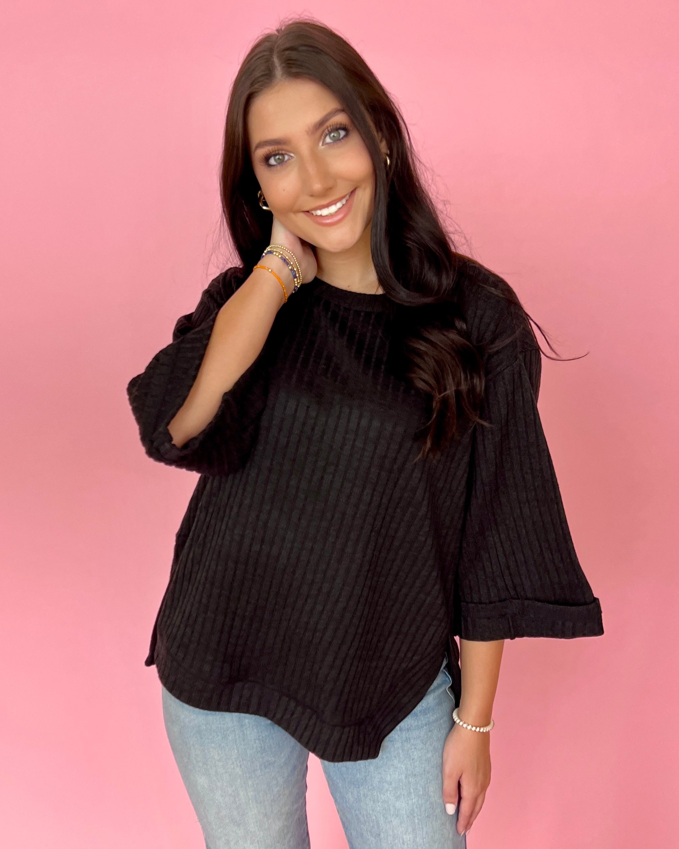 Waving Goodbye Black Ribbed Knit Cuff Sleeve Top-Shop-Womens-Boutique-Clothing