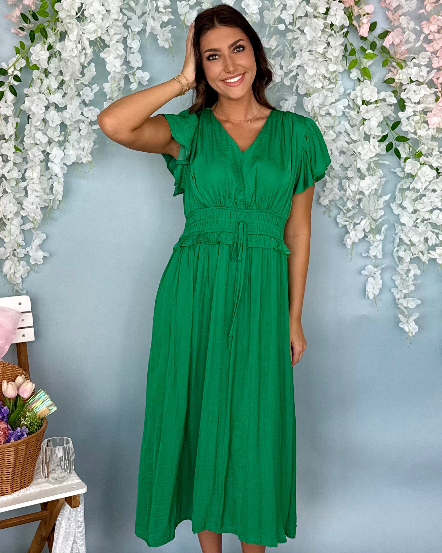 Boundless Green Smocked Flutter Midi Dress-Shop-Womens-Boutique-Clothing