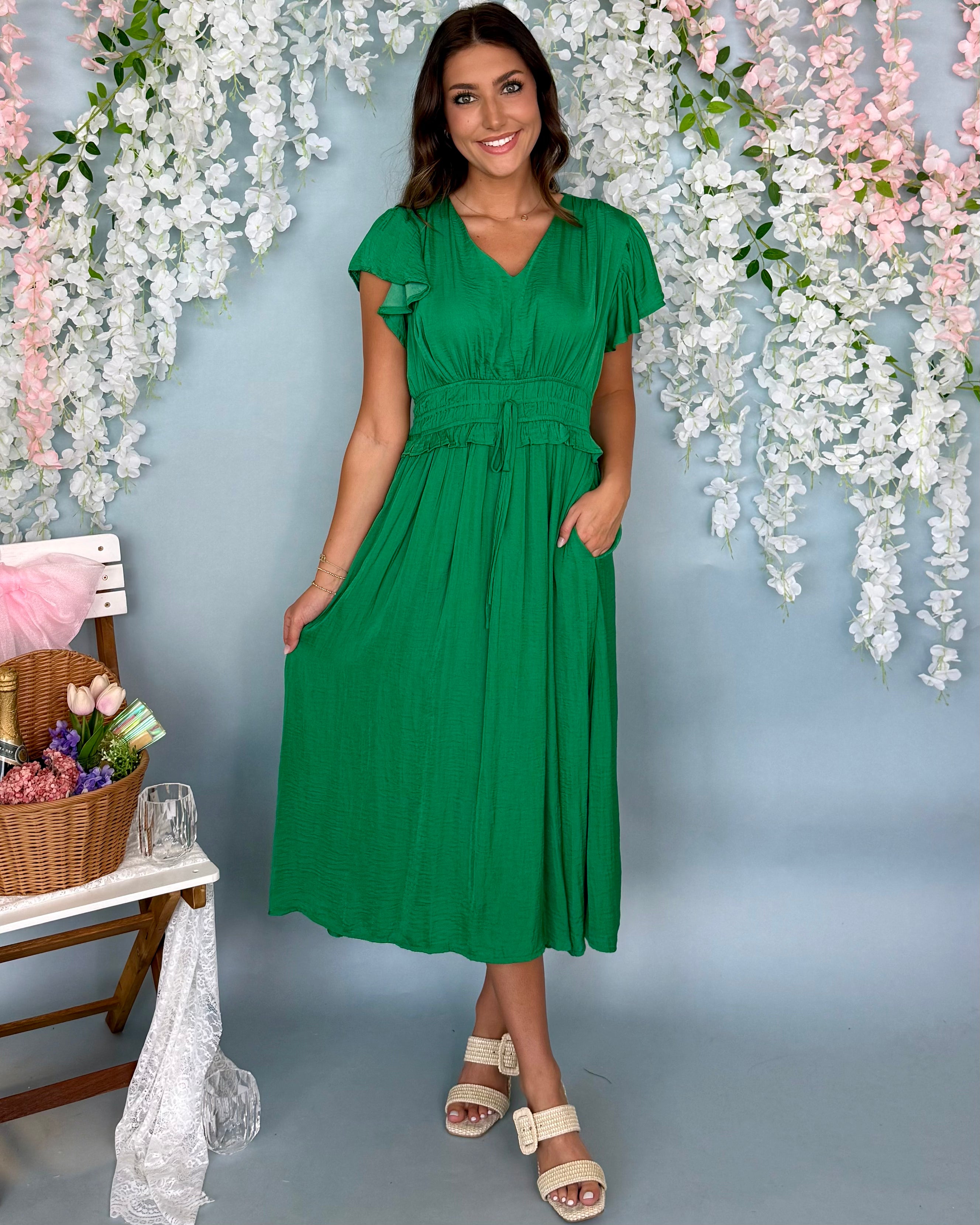 Boundless Green Smocked Flutter Midi Dress-Shop-Womens-Boutique-Clothing