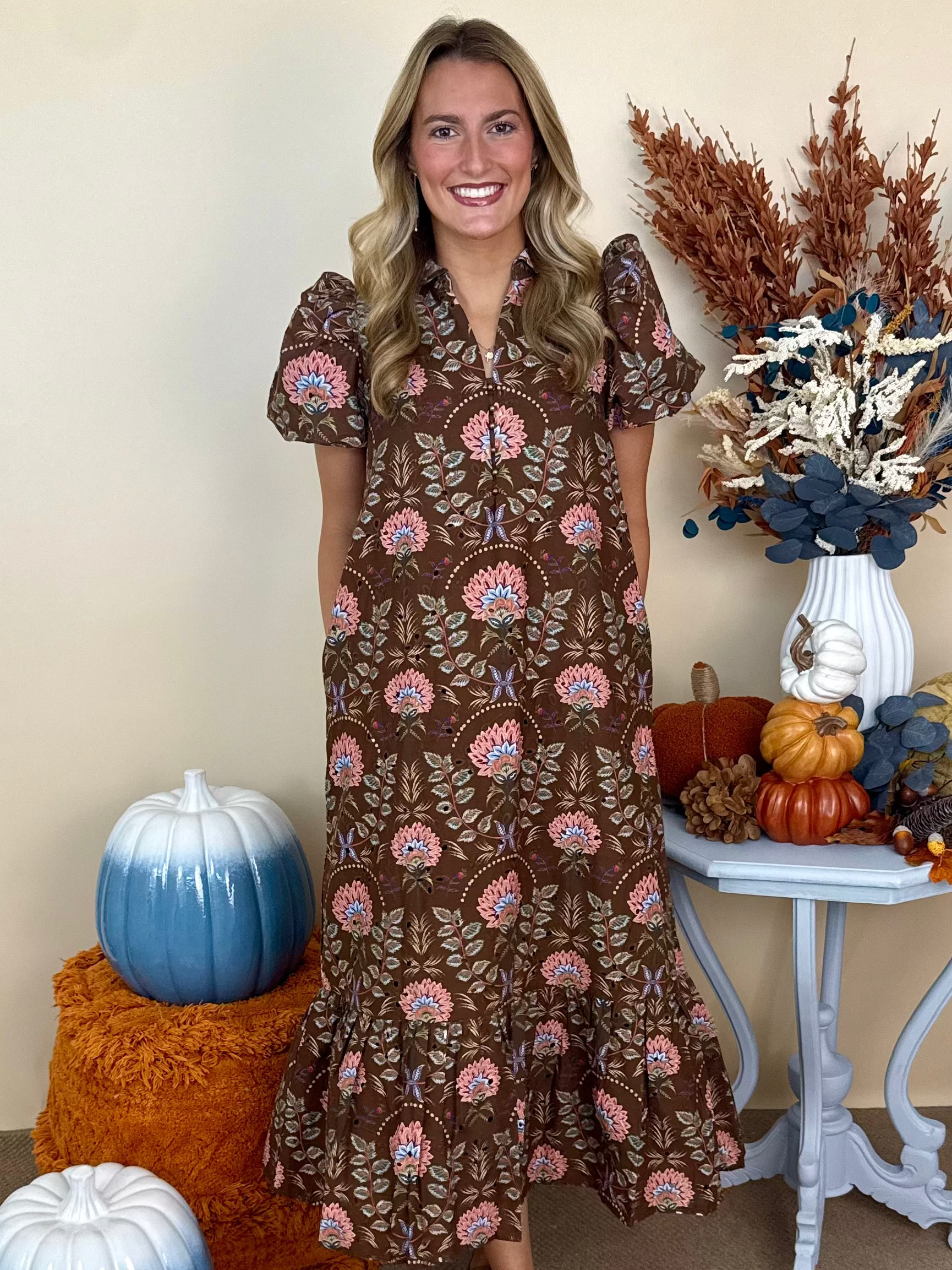 Forever Kind Brown Floral Ruffle Neck Midi Dress-Shop-Womens-Boutique-Clothing