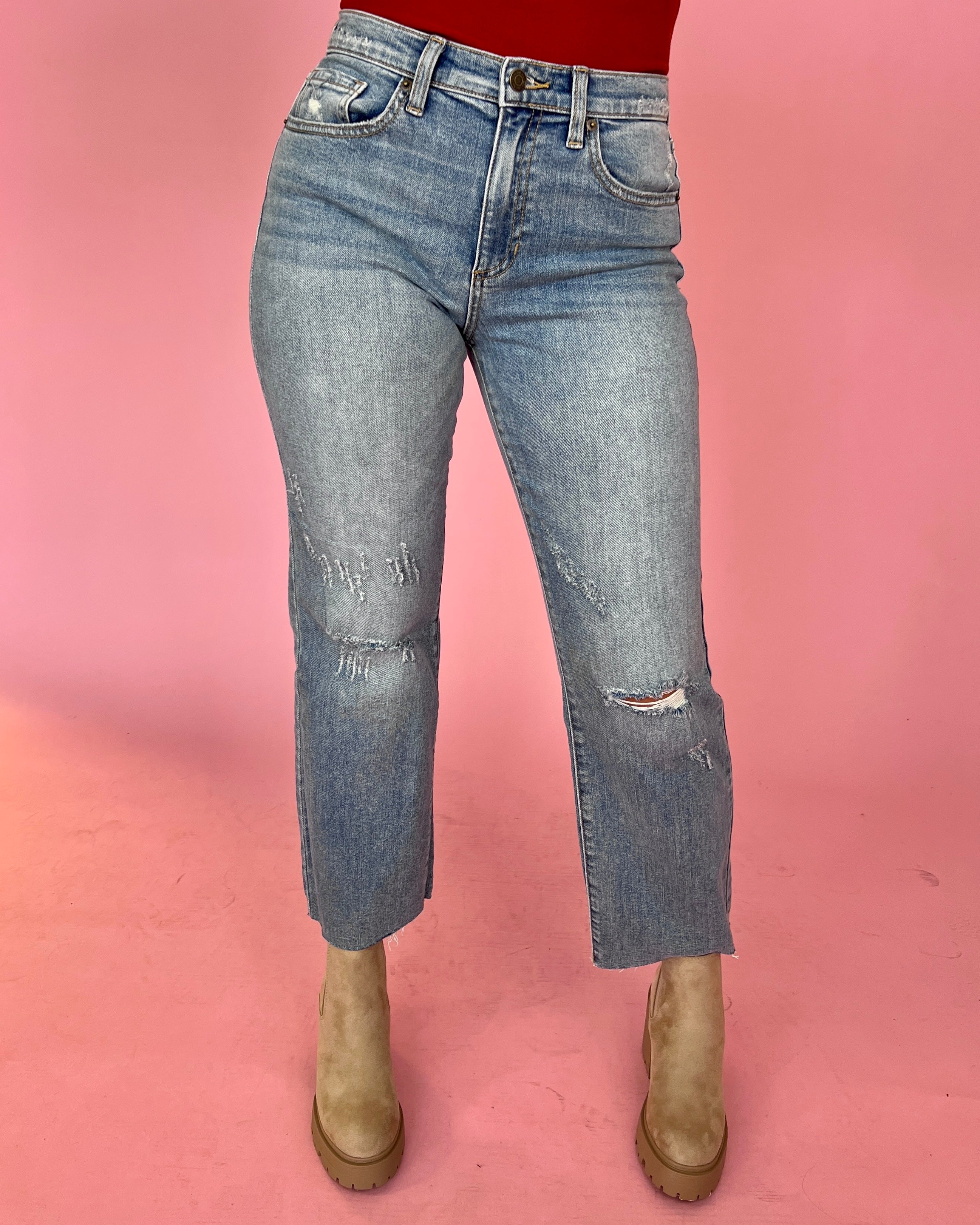 Sweet Disposition Medium High Rise Straight Distressed Jeans-Shop-Womens-Boutique-Clothing