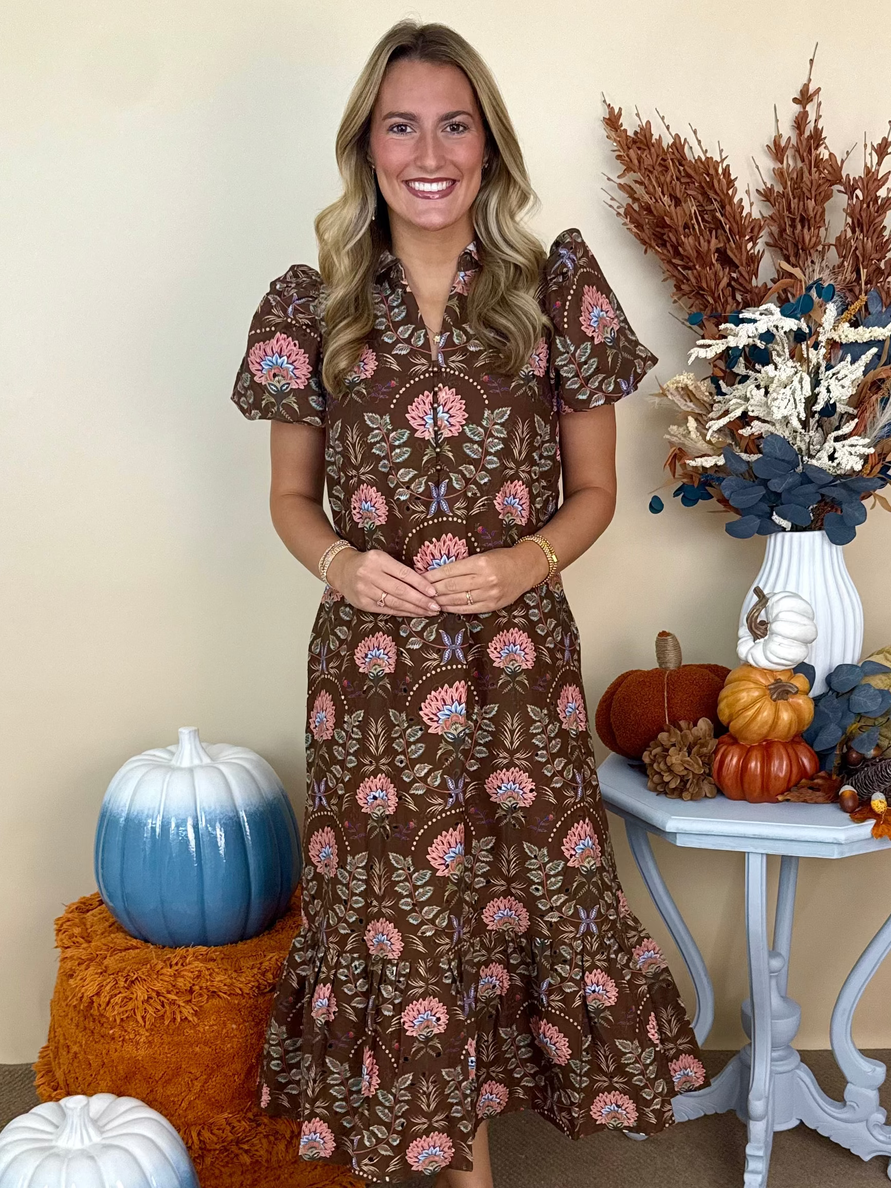 Forever Kind Brown Floral Ruffle Neck Midi Dress-Shop-Womens-Boutique-Clothing