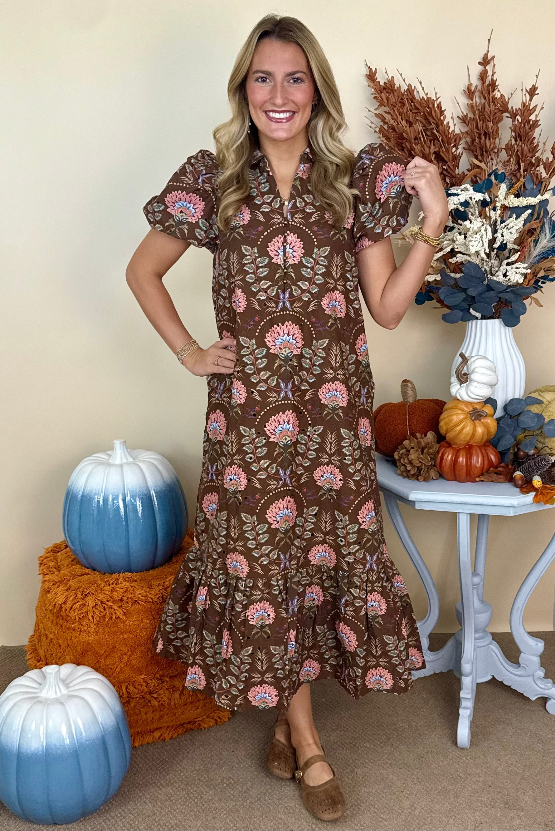 Forever Kind Brown Floral Ruffle Neck Midi Dress-Shop-Womens-Boutique-Clothing