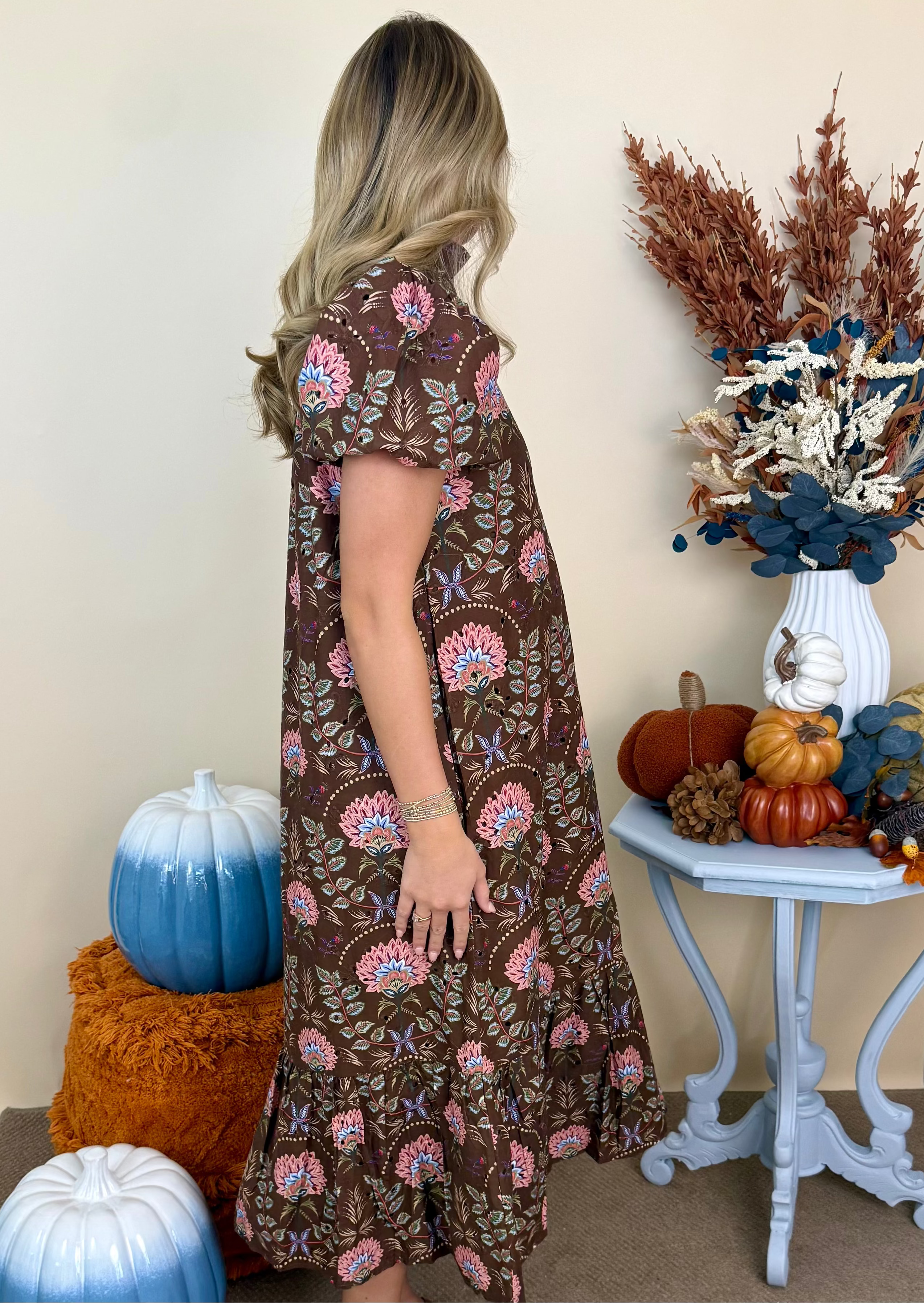 Forever Kind Brown Floral Ruffle Neck Midi Dress-Shop-Womens-Boutique-Clothing