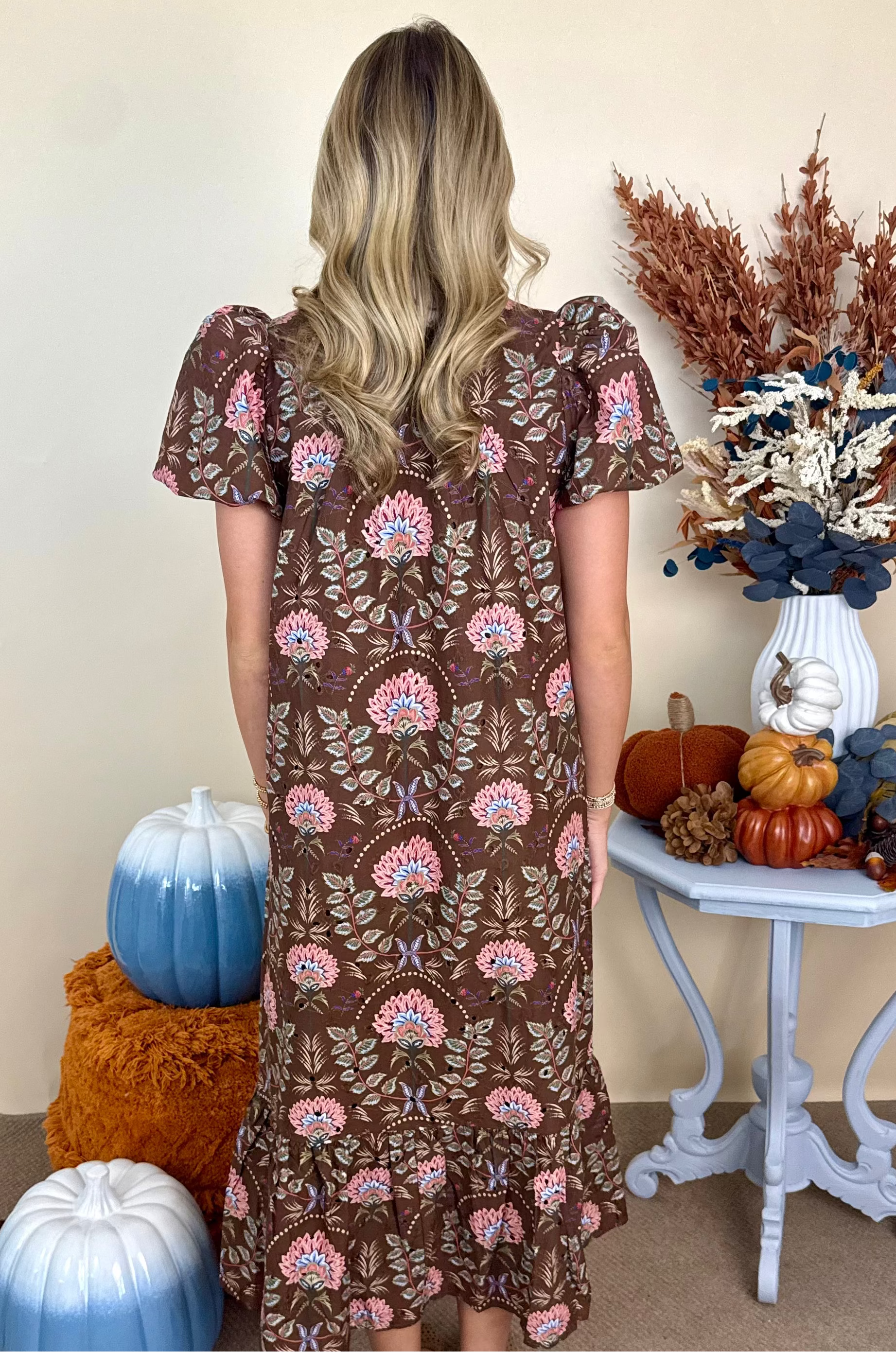 Forever Kind Brown Floral Ruffle Neck Midi Dress-Shop-Womens-Boutique-Clothing