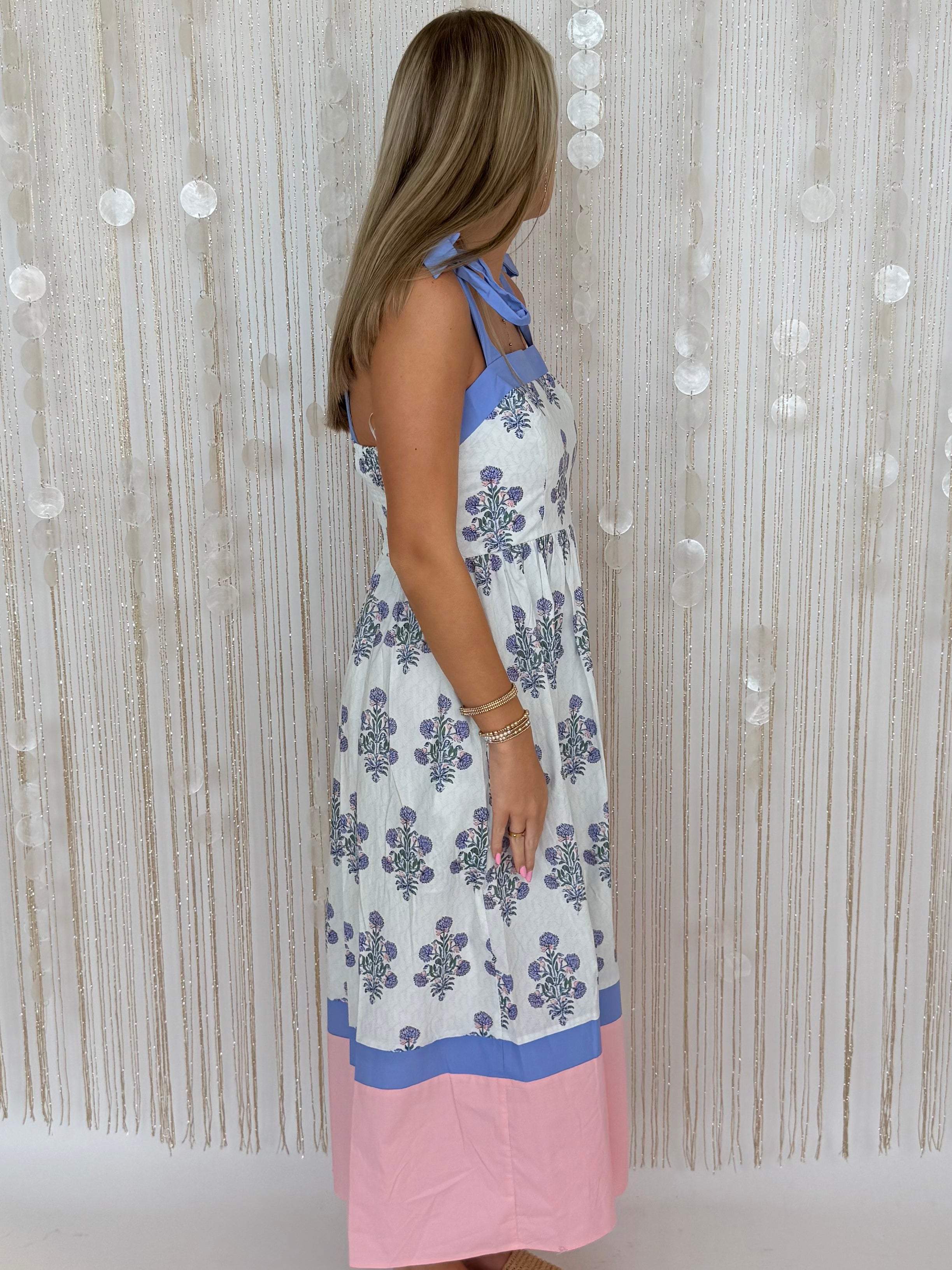 Vineyard Chic Off White and Periwinkle Floral Sleeveless Dress-Shop-Womens-Boutique-Clothing