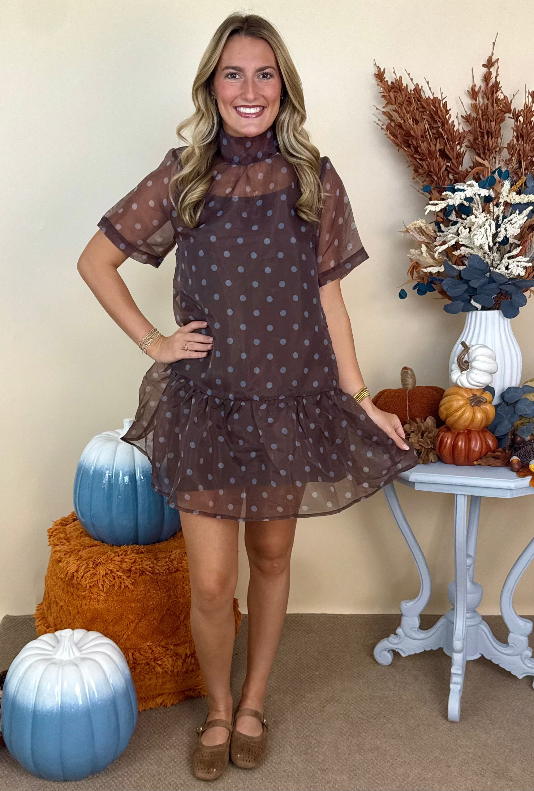 In My Dreams Brown Polka Dot High Neck Overlay Dress-Shop-Womens-Boutique-Clothing