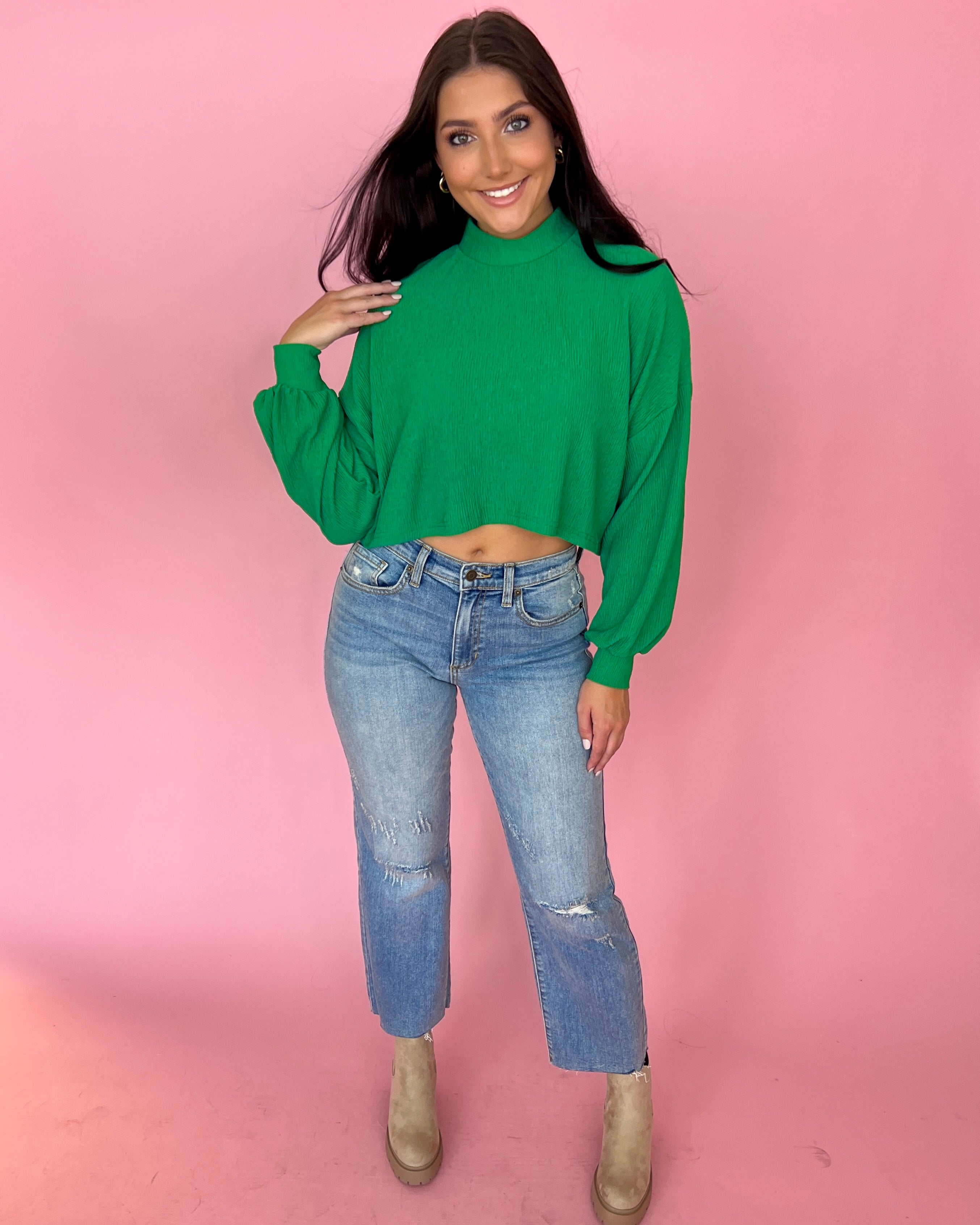 Venture Out Green Crinkle High Neck Crop Top-Shop-Womens-Boutique-Clothing