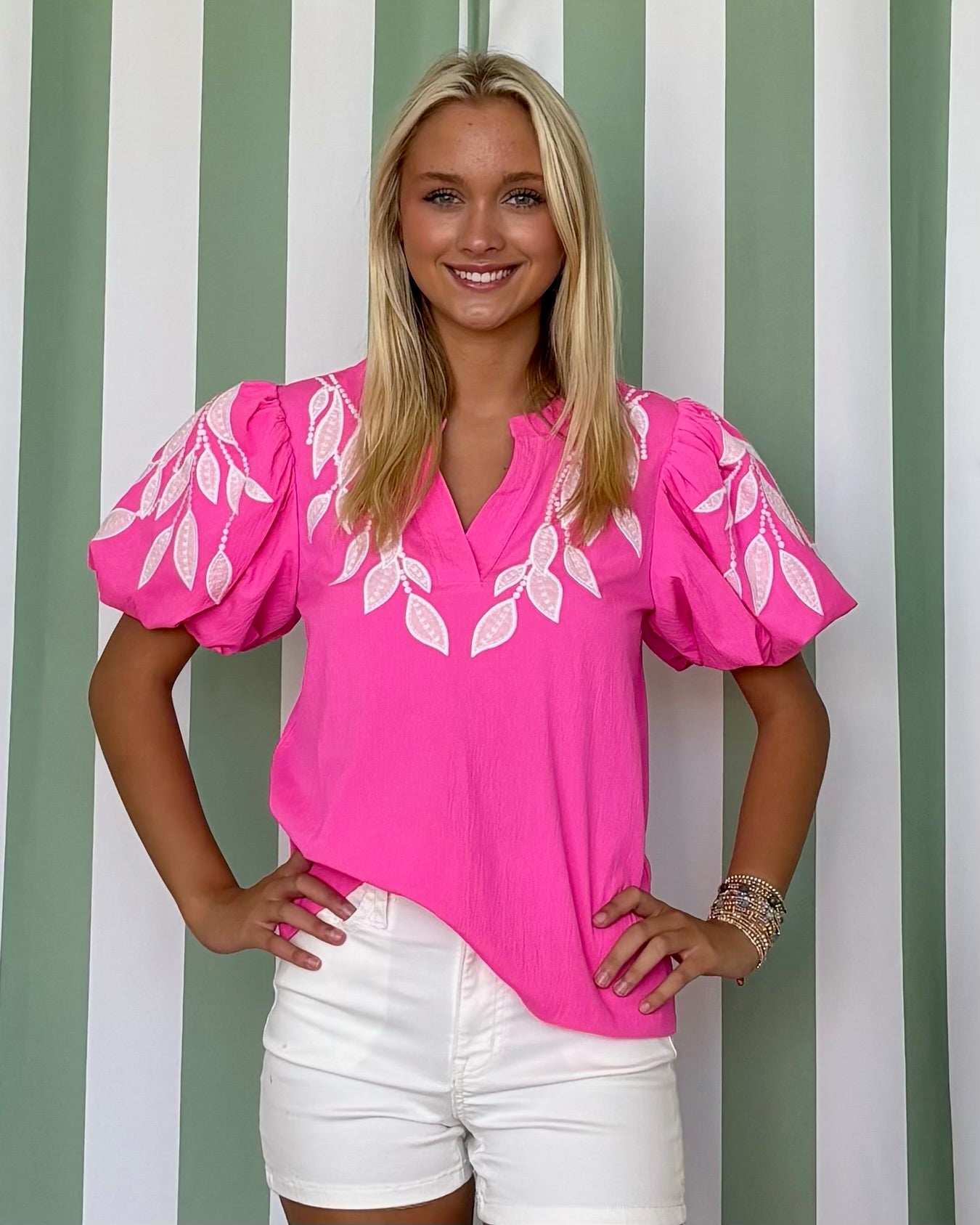 Everbloom Hot Pink Leaf Embroidered Top-Shop-Womens-Boutique-Clothing