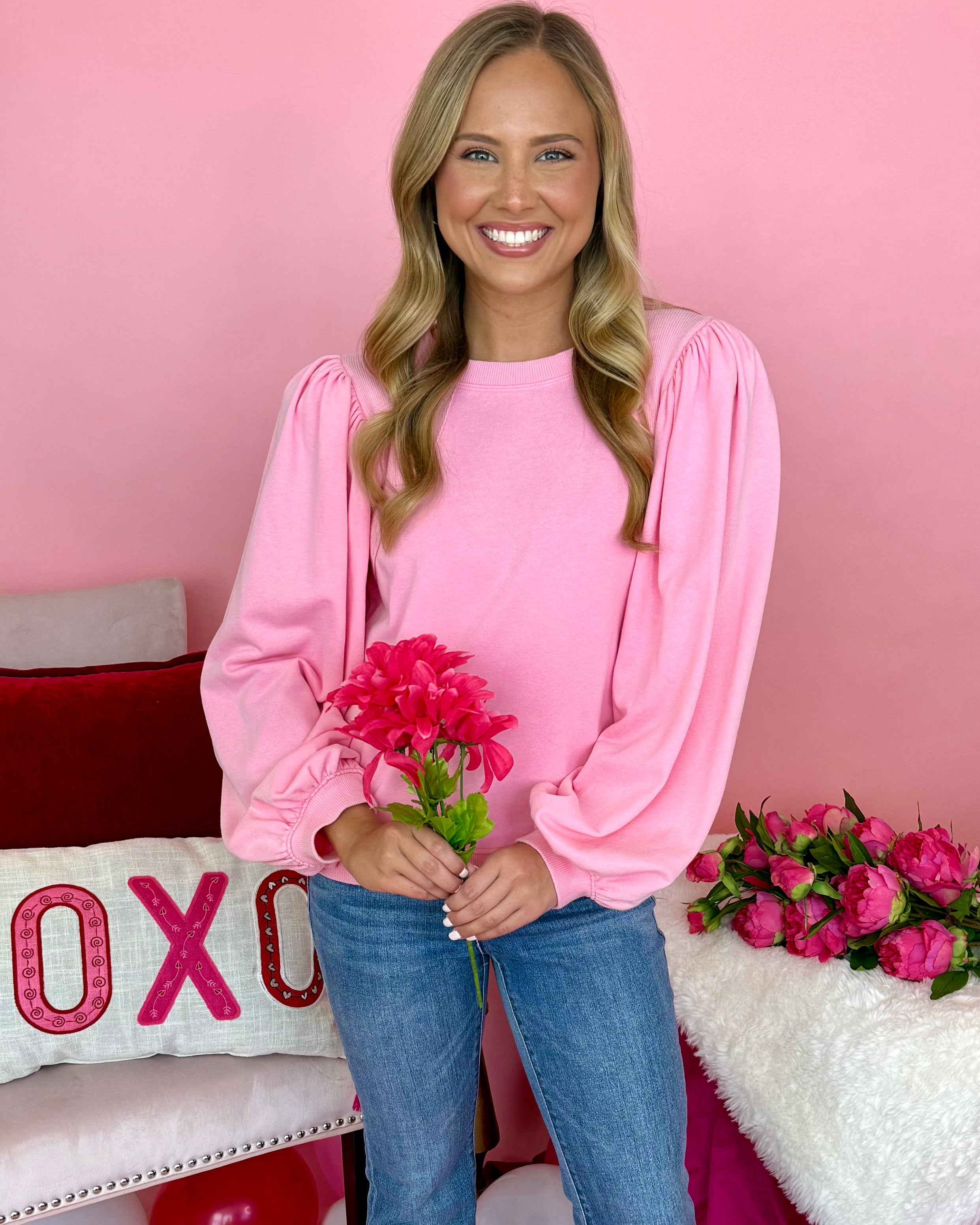 Beyond Me Pink Puff Sleeve Sweatshirt-Shop-Womens-Boutique-Clothing