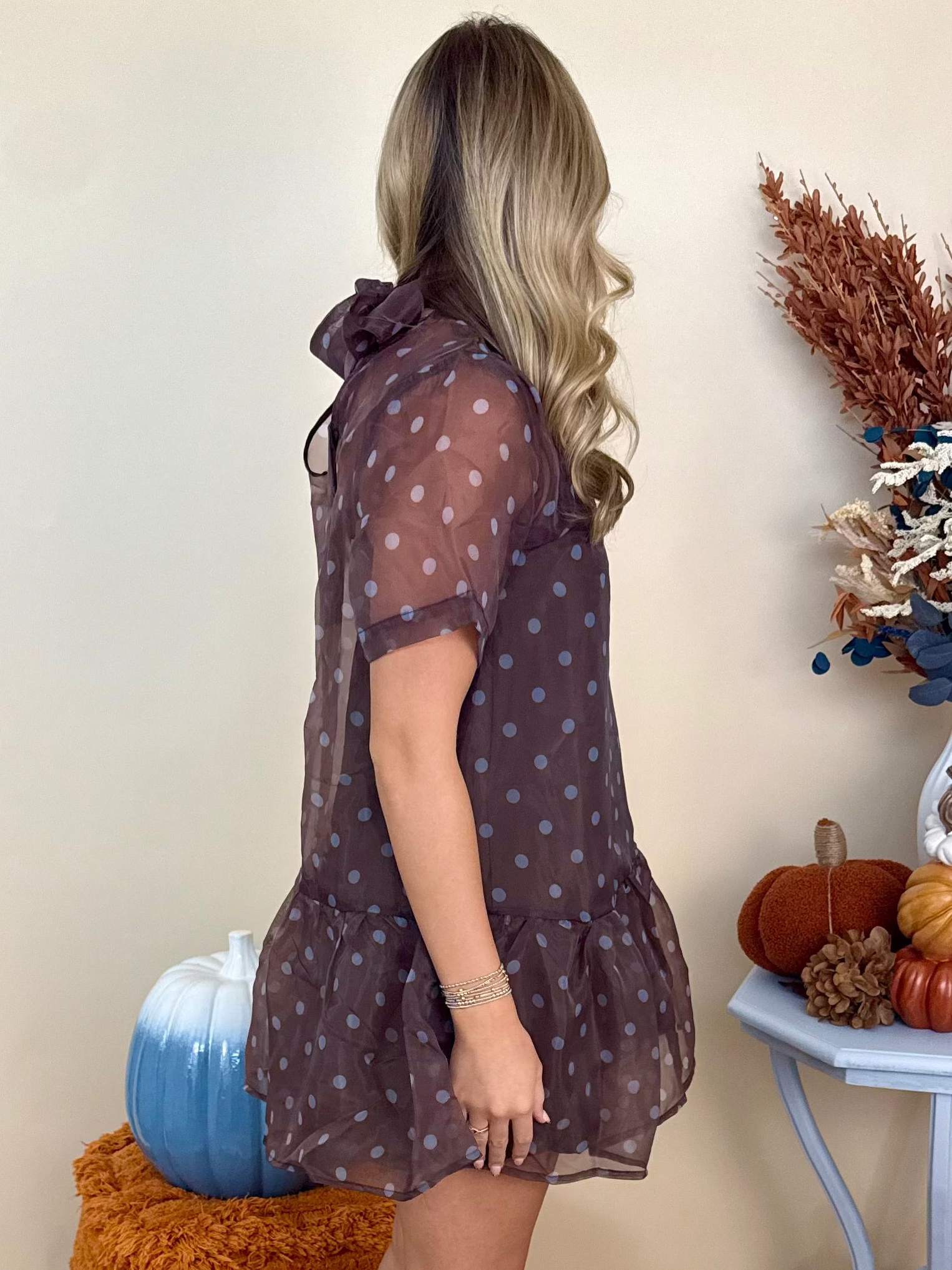 In My Dreams Brown Polka Dot High Neck Overlay Dress-Shop-Womens-Boutique-Clothing