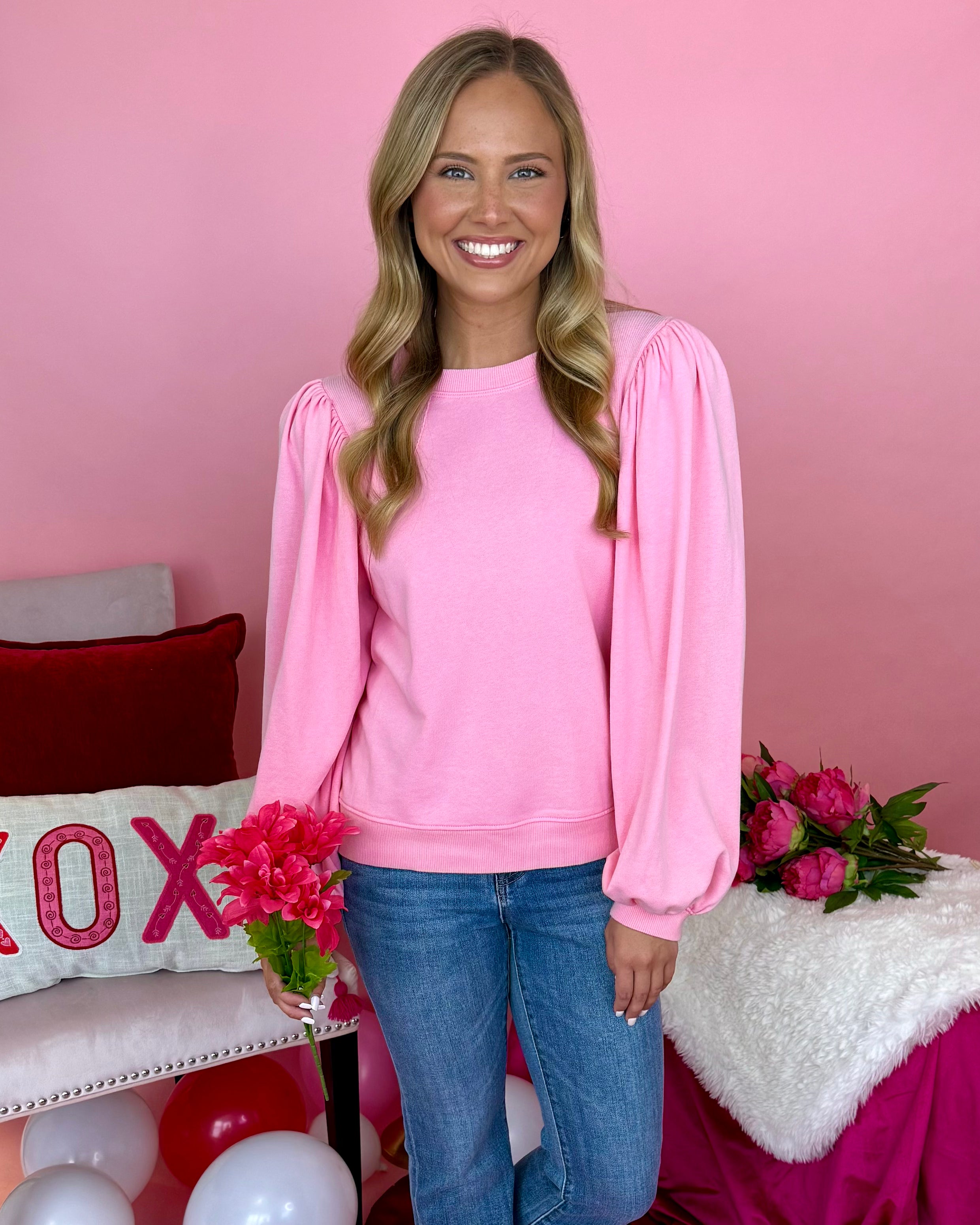 Beyond Me Pink Puff Sleeve Sweatshirt-Shop-Womens-Boutique-Clothing