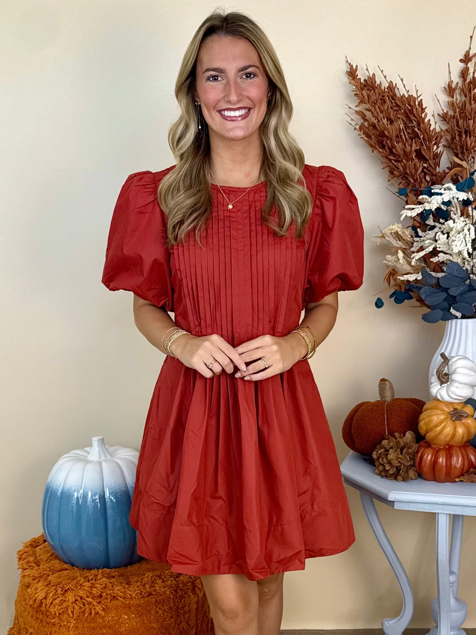 Lovely as Ever Rust Pintuck Short Puff Sleeve Dress-Shop-Womens-Boutique-Clothing