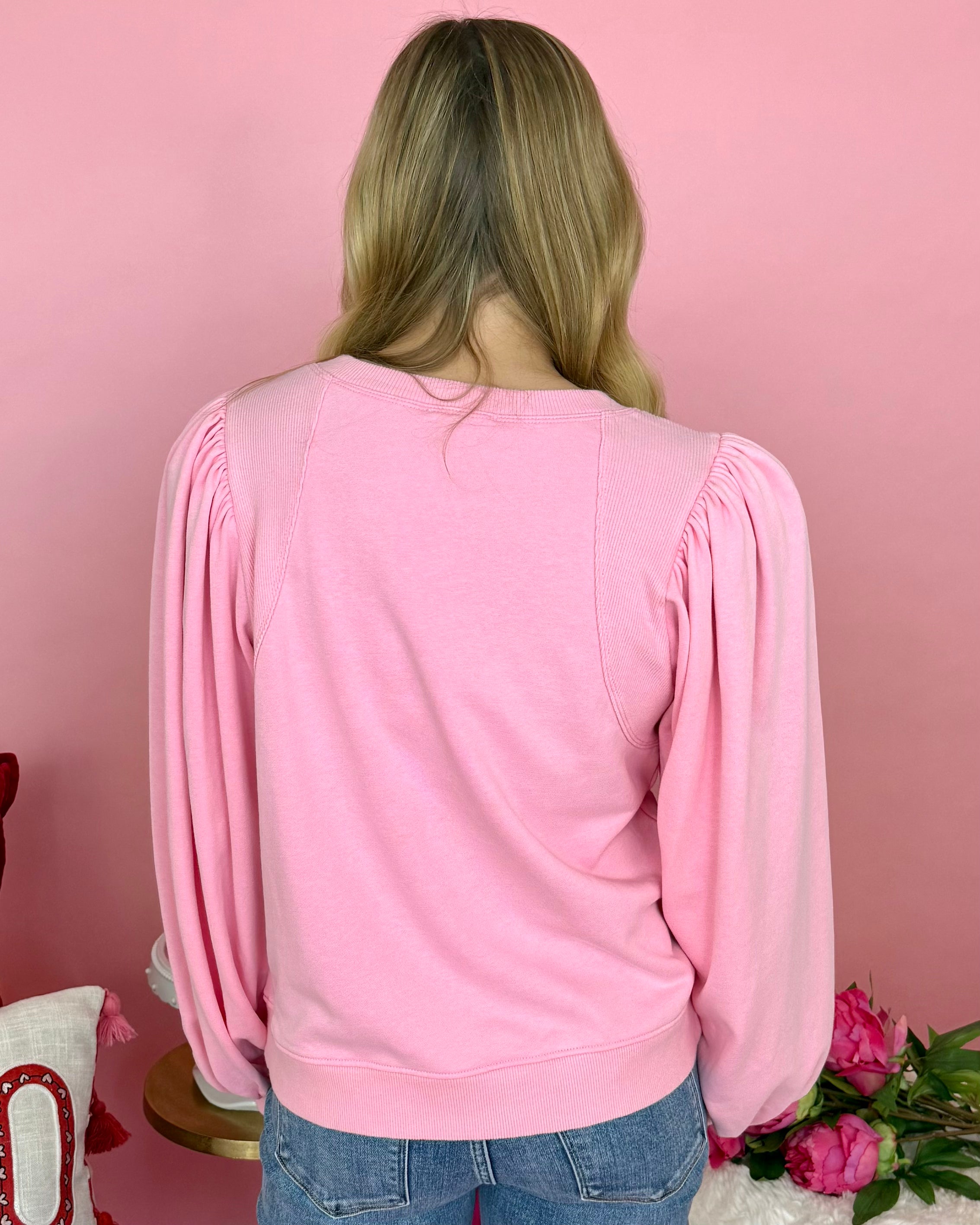 Beyond Me Pink Puff Sleeve Sweatshirt-Shop-Womens-Boutique-Clothing