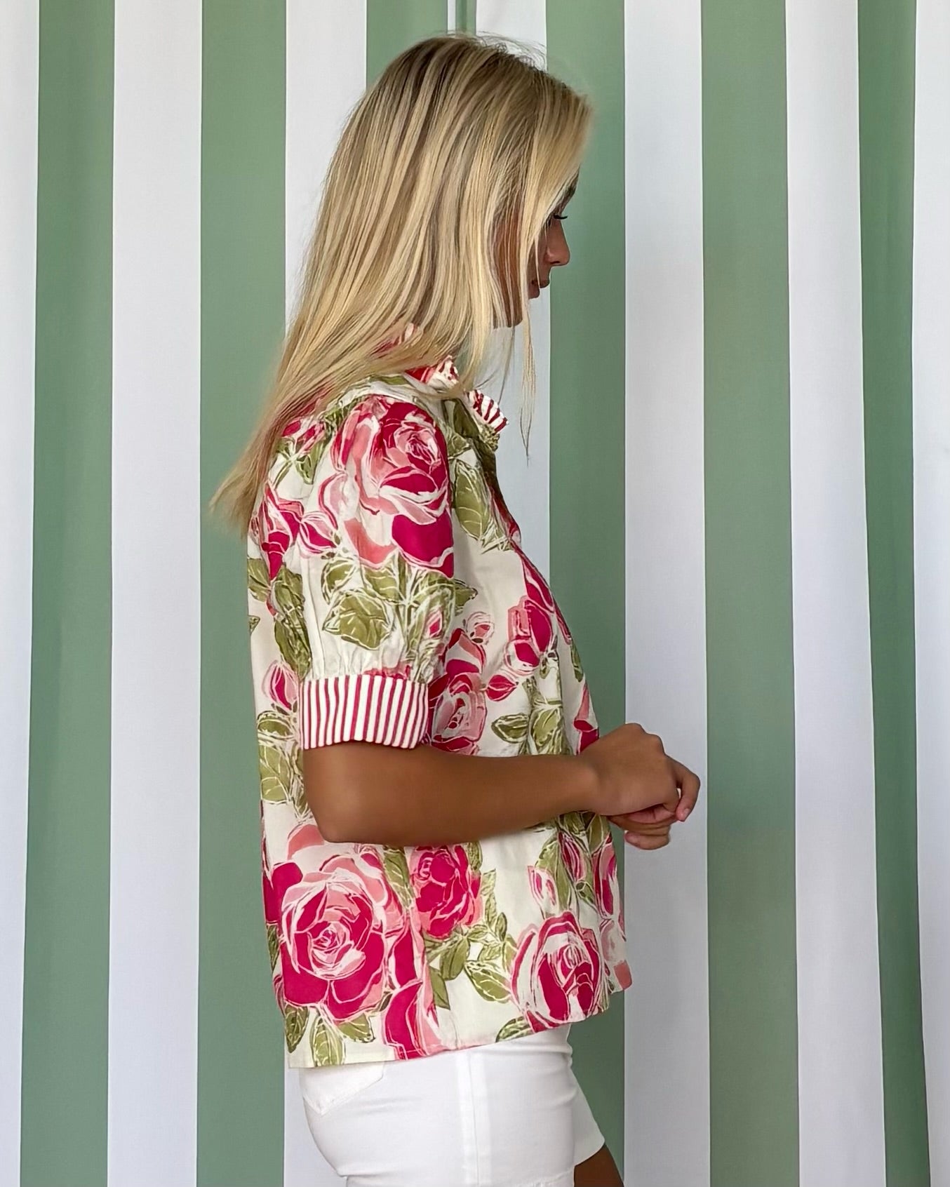Floral Fantasy Fuchsia Floral Stripe Trim Top-Shop-Womens-Boutique-Clothing