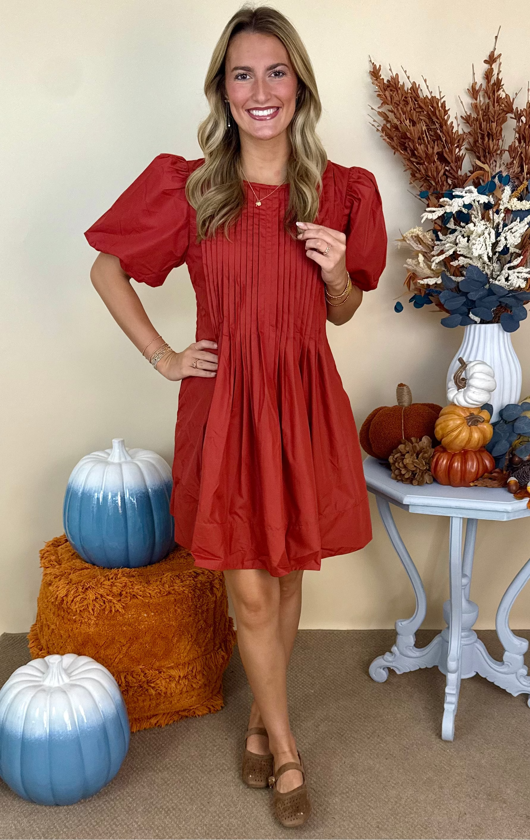 Lovely as Ever Rust Pintuck Short Puff Sleeve Dress-Shop-Womens-Boutique-Clothing