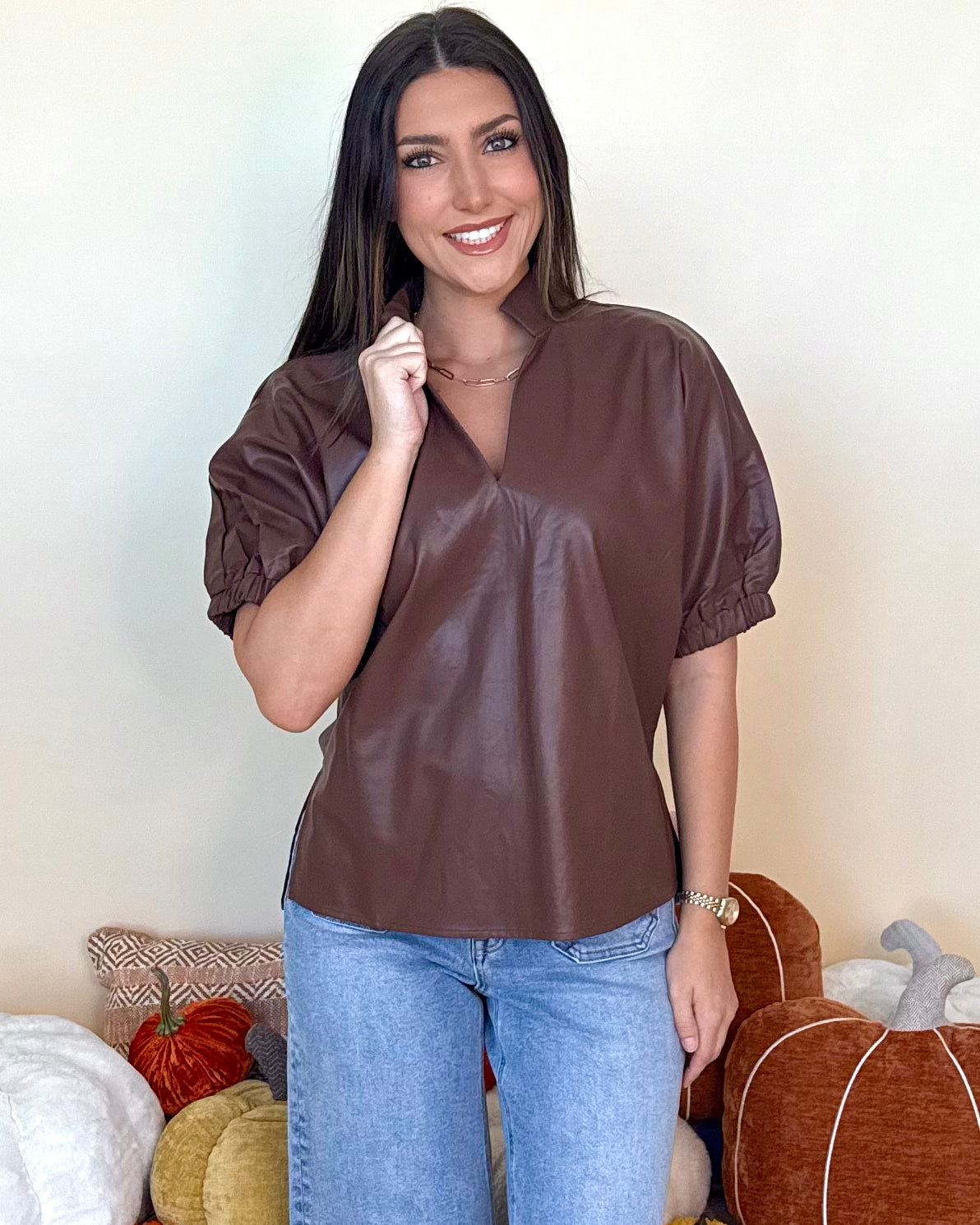Own Life Brown Faux Leather V Neck Top-Shop-Womens-Boutique-Clothing