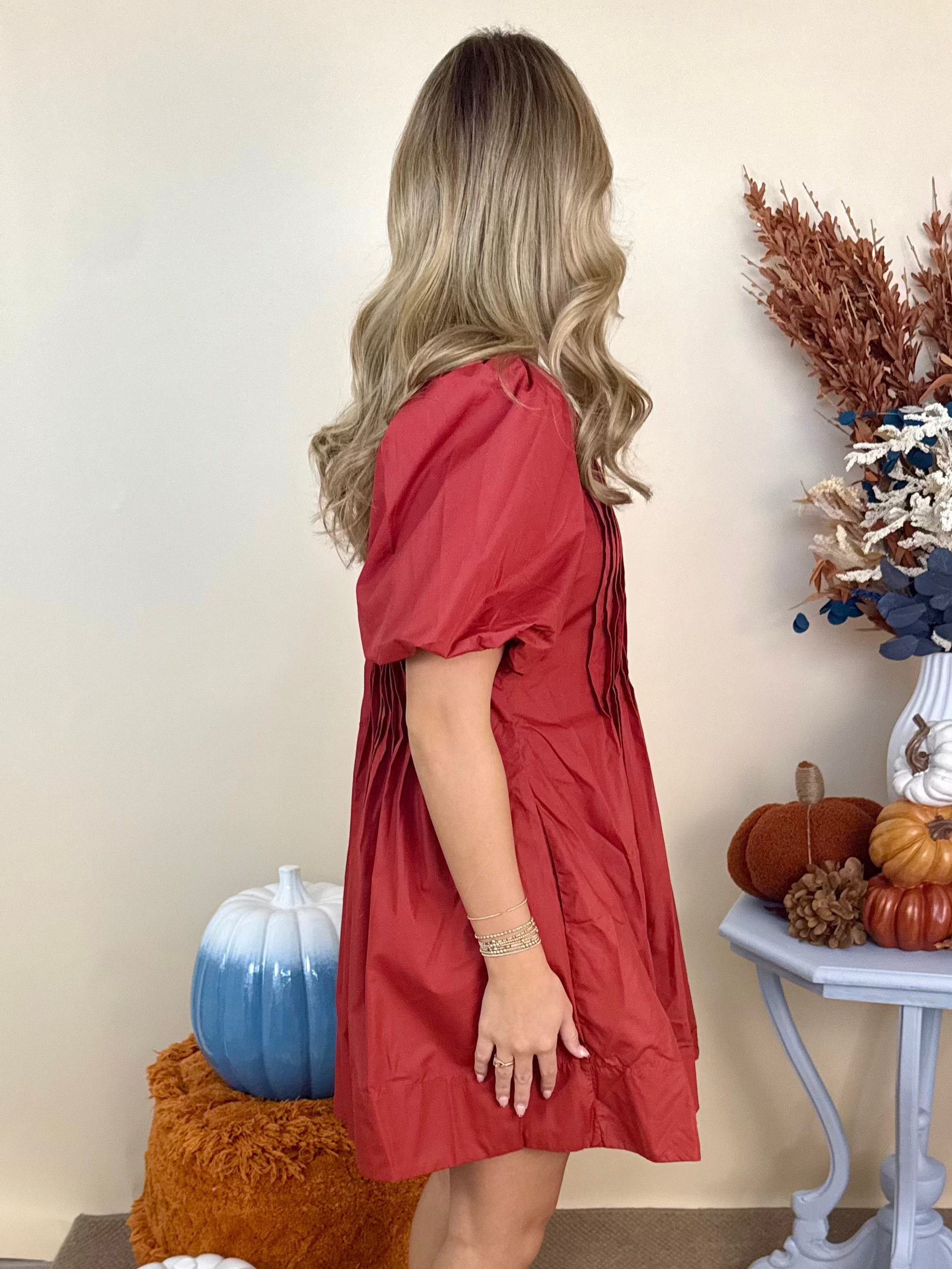 Lovely as Ever Rust Pintuck Short Puff Sleeve Dress-Shop-Womens-Boutique-Clothing