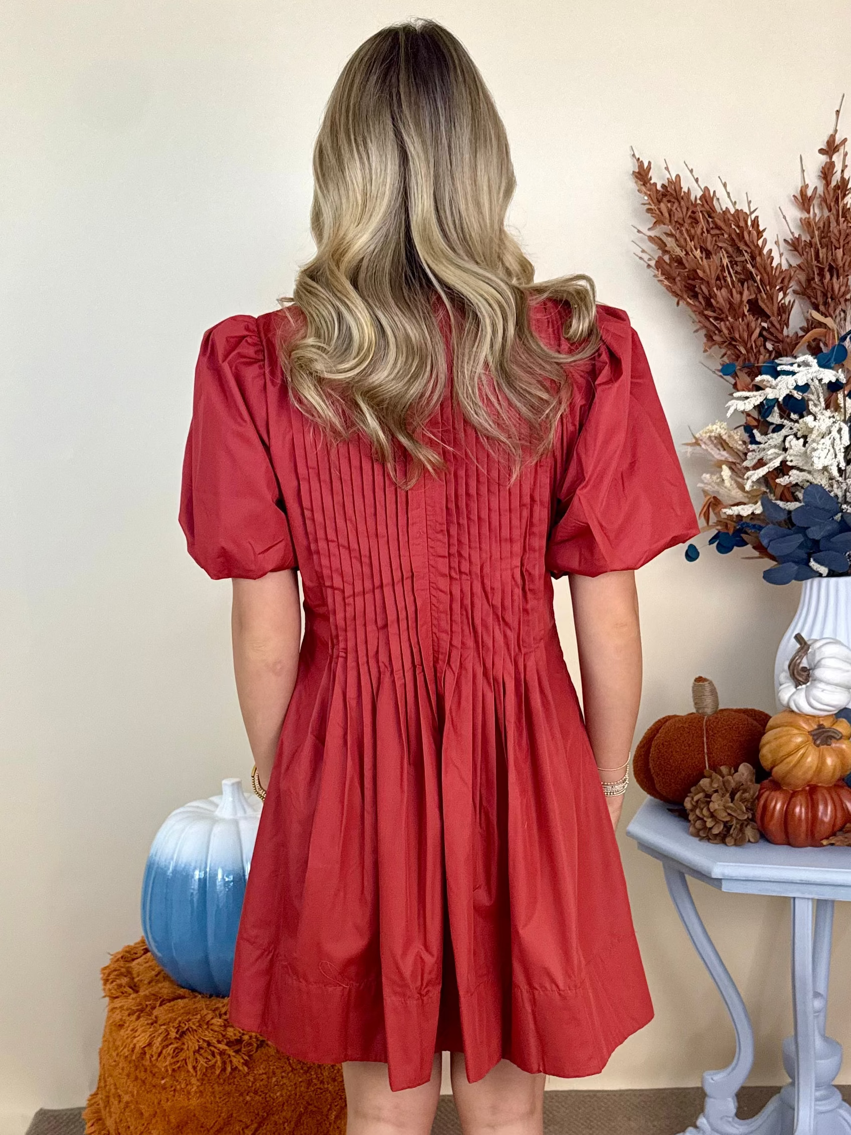 Lovely as Ever Rust Pintuck Short Puff Sleeve Dress-Shop-Womens-Boutique-Clothing