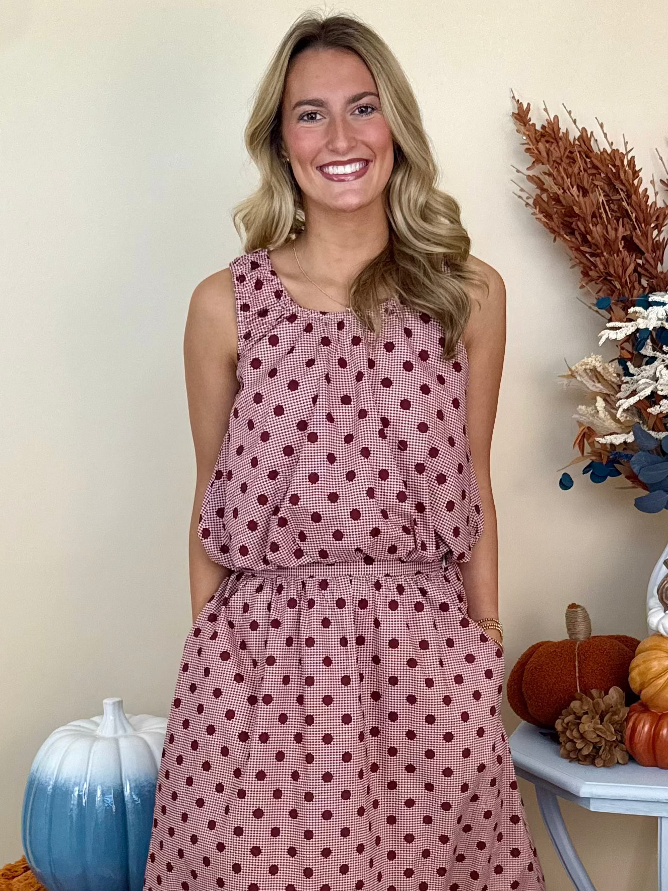 All Smiles Burgundy Gingham Polka Dot Sleeveless Top-Shop-Womens-Boutique-Clothing