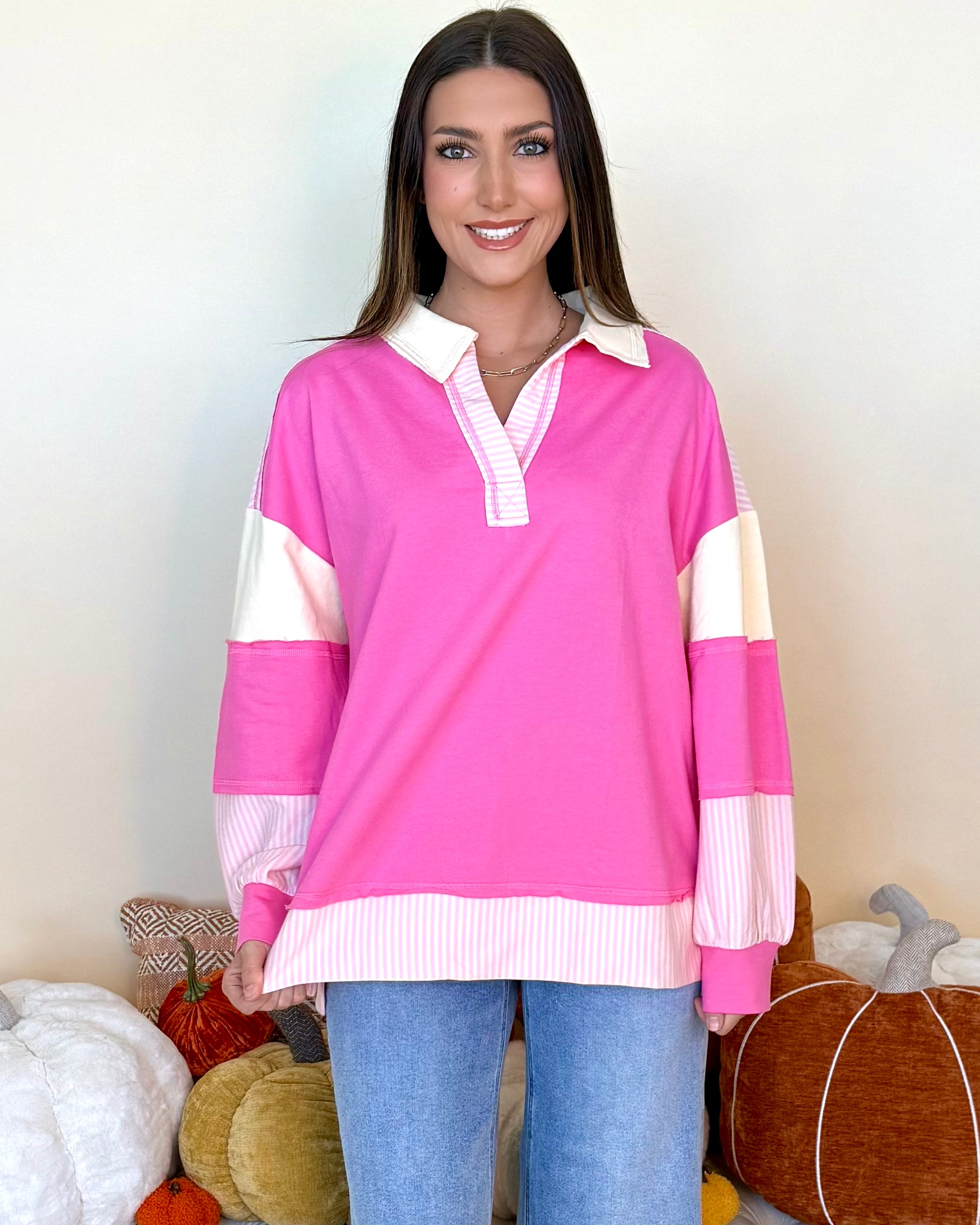 Little By Little Pink Stripe Collared Top-Shop-Womens-Boutique-Clothing