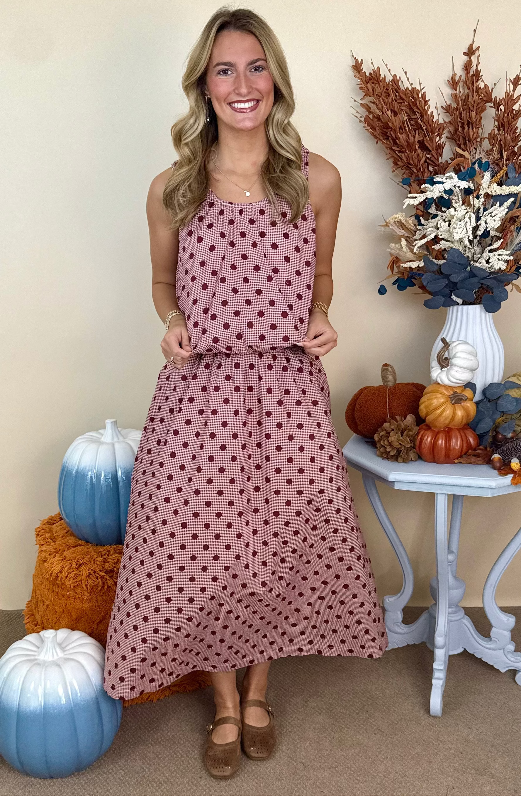 All Smiles Burgundy Gingham Polka Dot Sleeveless Top-Shop-Womens-Boutique-Clothing