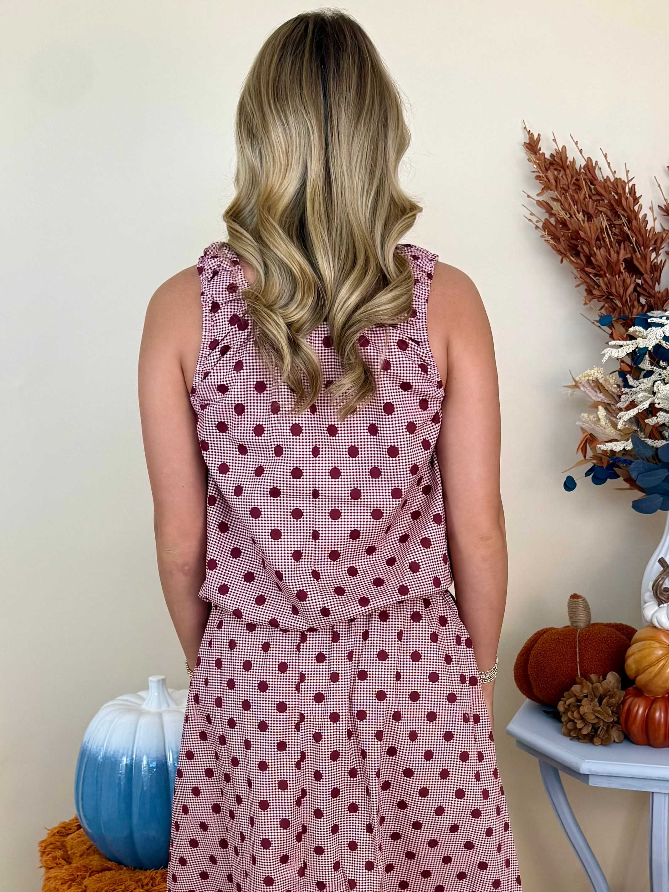 All Smiles Burgundy Gingham Polka Dot Sleeveless Top-Shop-Womens-Boutique-Clothing