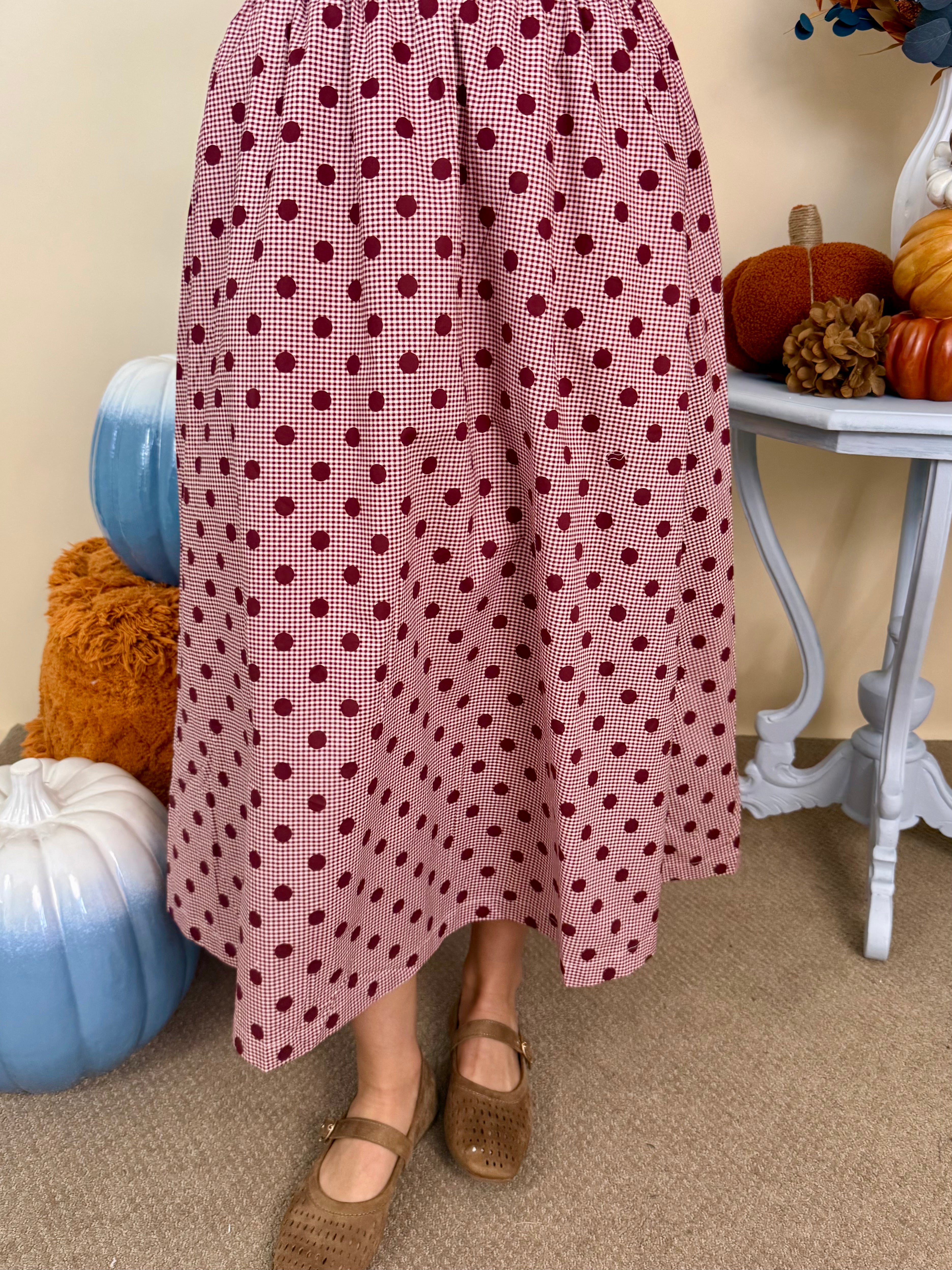 Easy Living Burgundy Gingham Polka Dot Midi Skirt-Shop-Womens-Boutique-Clothing