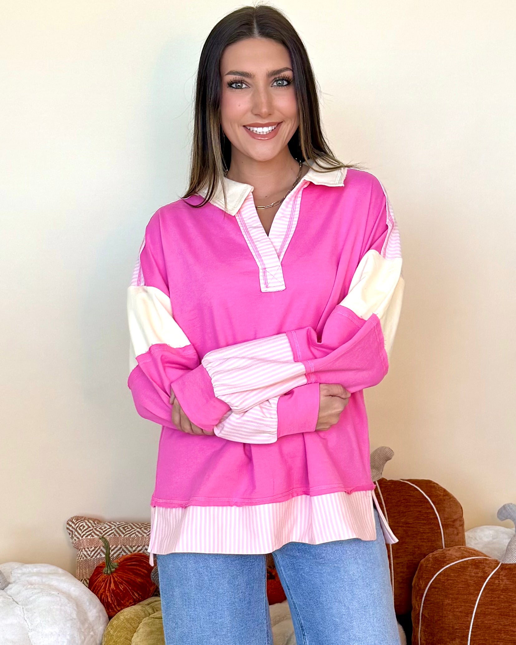 Little By Little Pink Stripe Collared Top-Shop-Womens-Boutique-Clothing