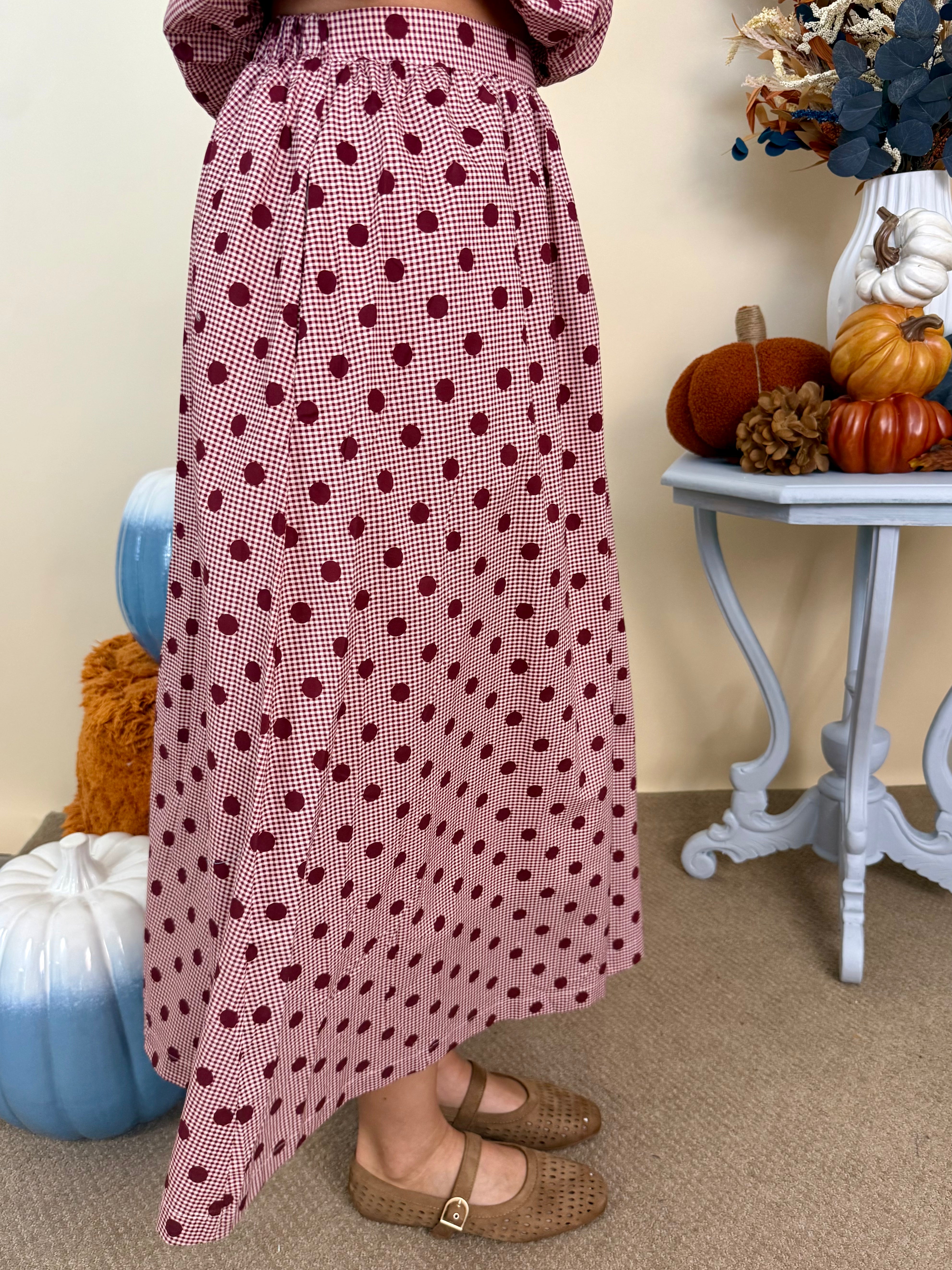 Easy Living Burgundy Gingham Polka Dot Midi Skirt-Shop-Womens-Boutique-Clothing