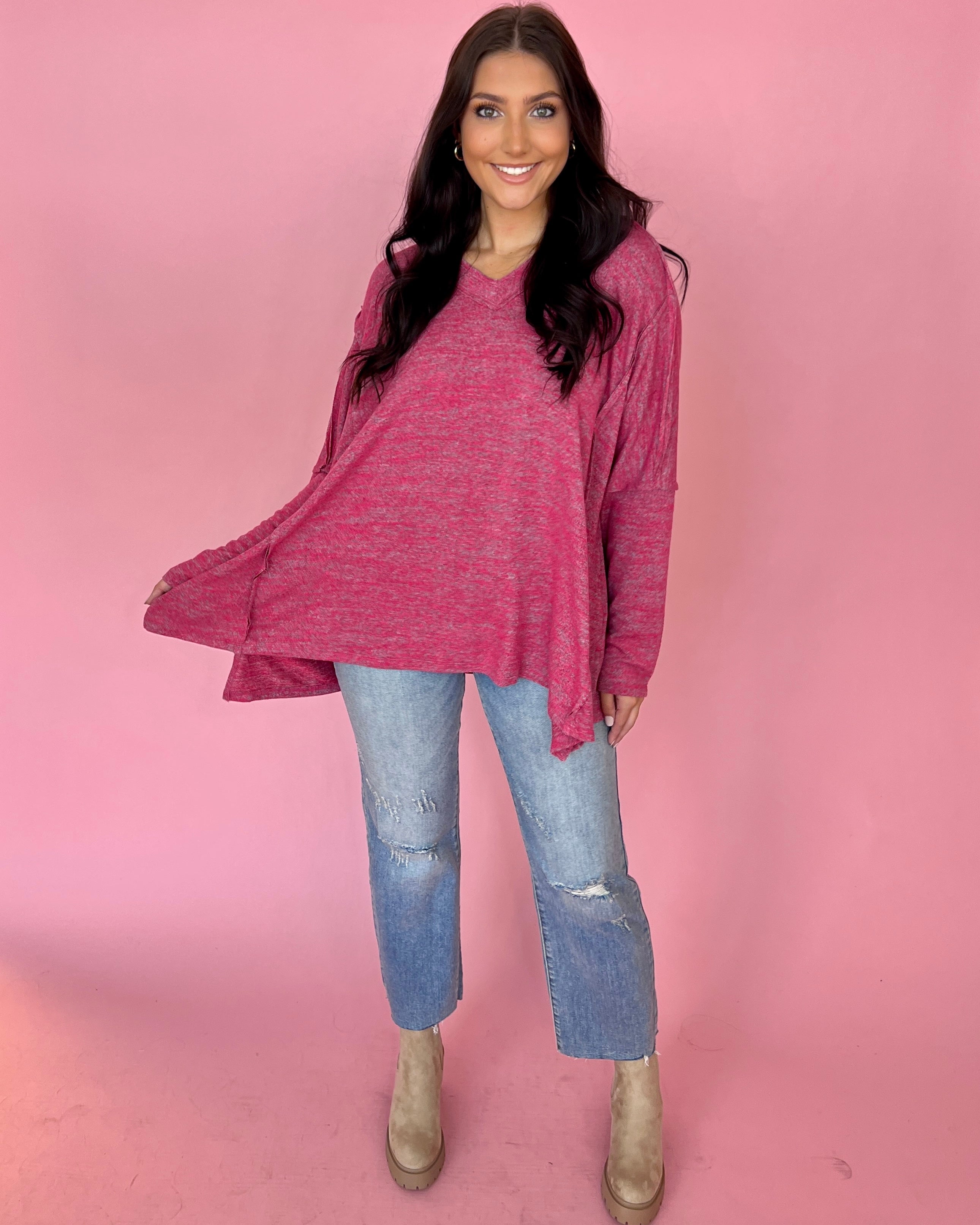 All For You Fuchsia Heathered V-neck Dolman Top-Shop-Womens-Boutique-Clothing