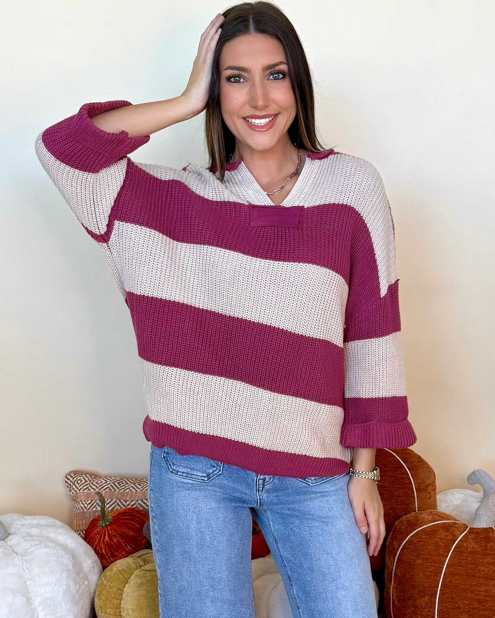 Thinking It Mauve V-Neck Striped Sweater-Shop-Womens-Boutique-Clothing