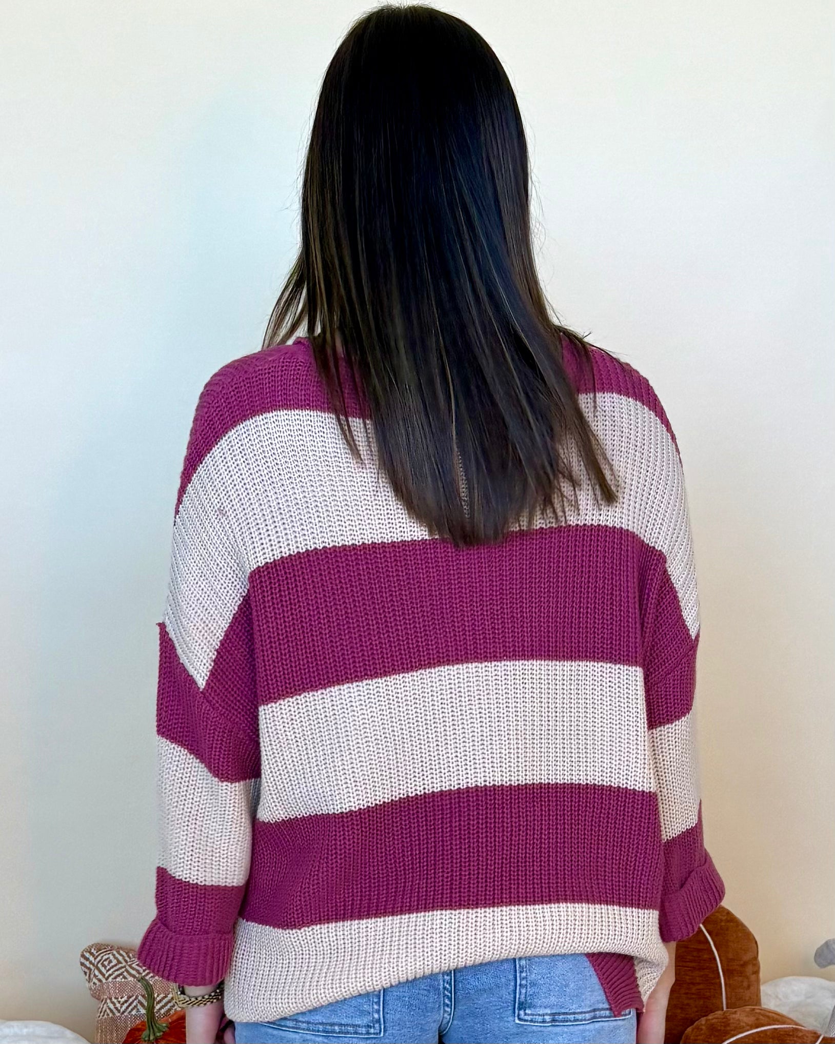 Thinking It Mauve V-Neck Striped Sweater-Shop-Womens-Boutique-Clothing