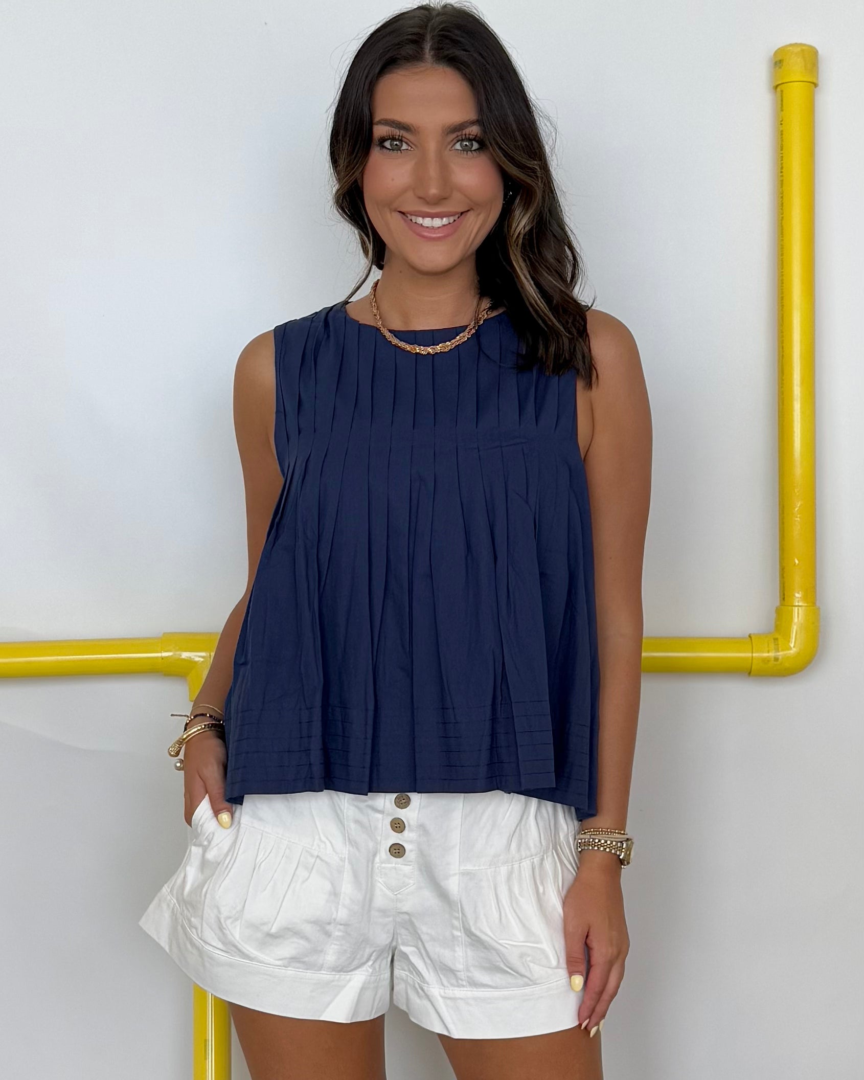 Daytime Shine Navy Pleated Top-Shop-Womens-Boutique-Clothing