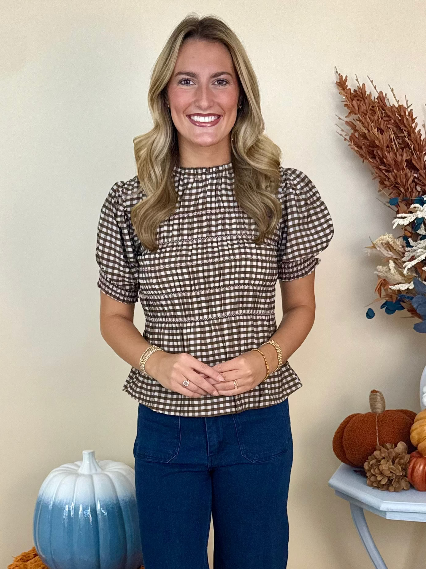 Main Character Brown Plaid Smocked Puff Sleeve Top-Shop-Womens-Boutique-Clothing