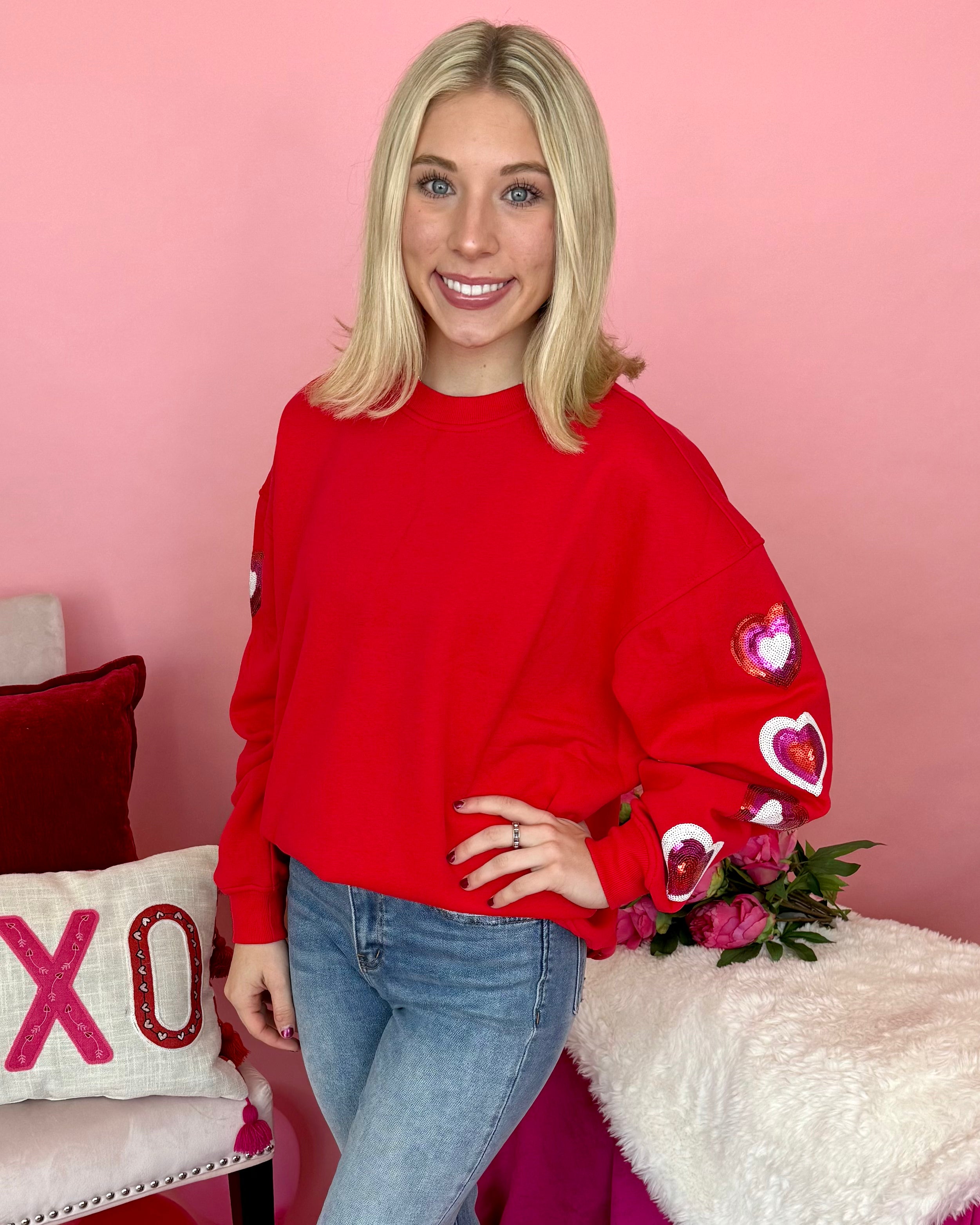 Lost Love Red Heart Sequin Sweatshirt-Shop-Womens-Boutique-Clothing